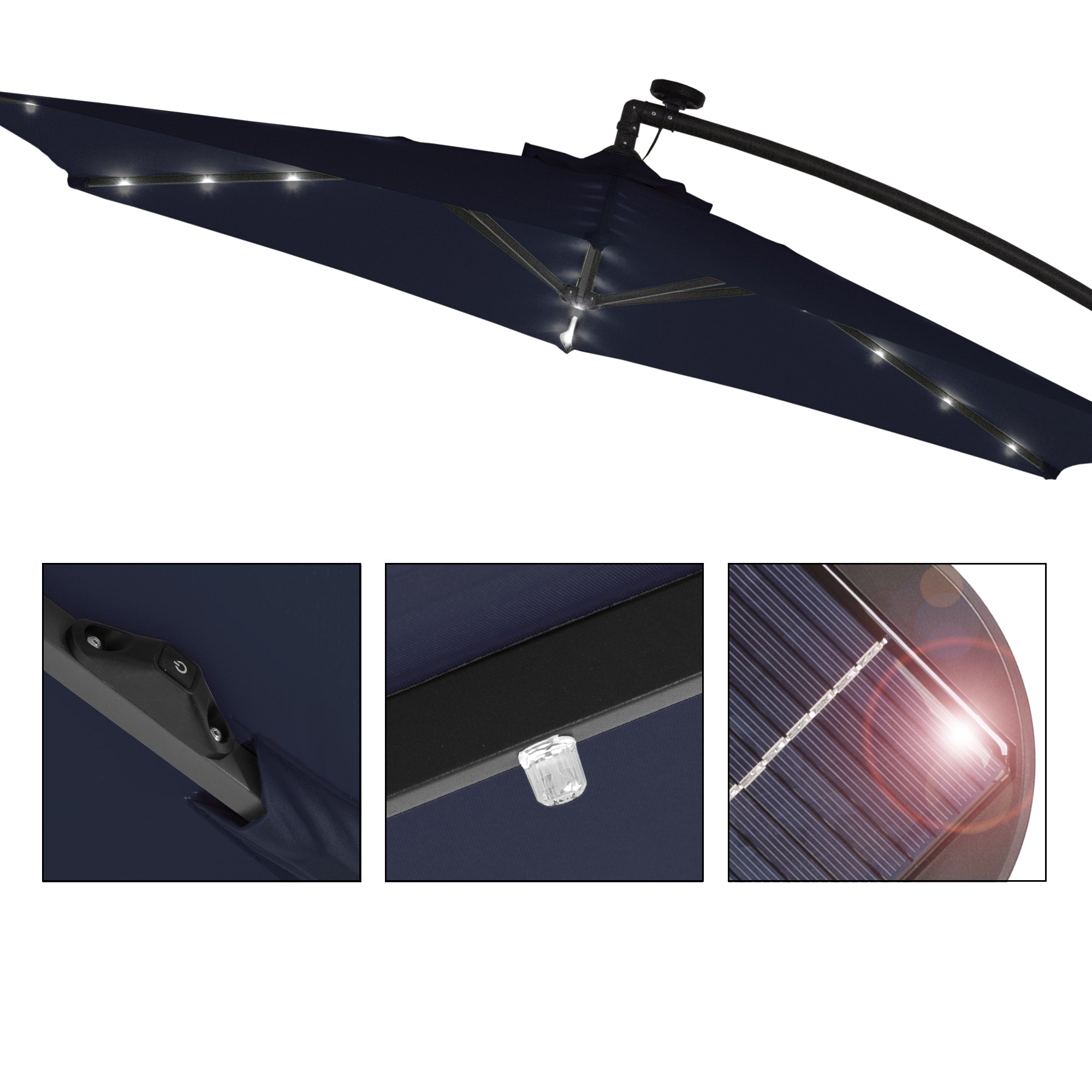 Detailansicht des dunkelblauen Sonnenschirms mit LED und Solarlicht.