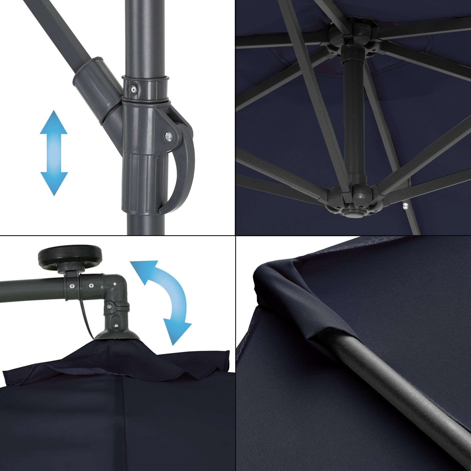 Detailansicht der Mechanik eines Sonnenschirms mit Hebe- und Drehfunktion.