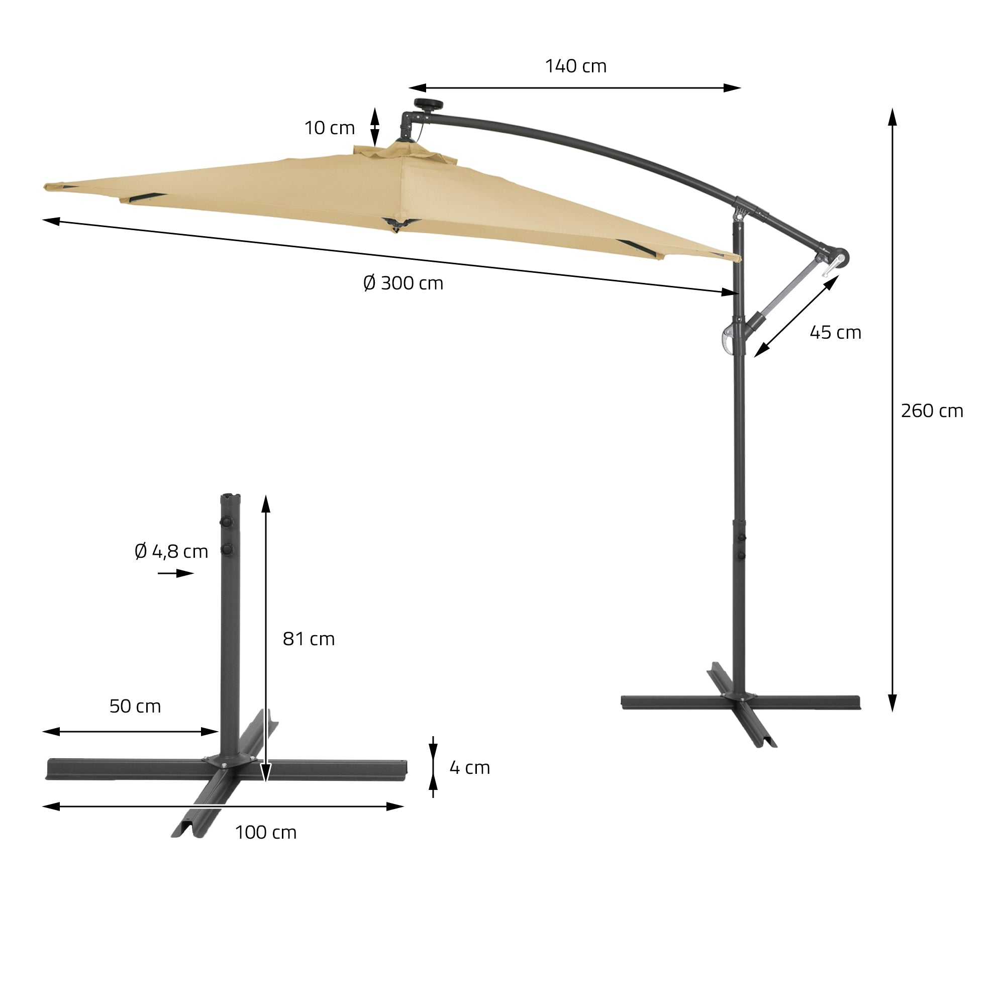 Sonnenschirm mit beige-farbenem Stoff und Metallgestell, Maße und Details sind angegeben.