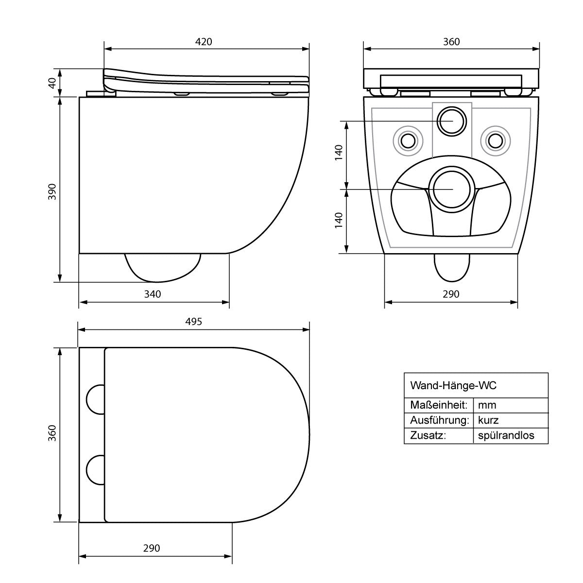 Dibujo técnico de un inodoro suspendido con medidas y diseño sin borde de descarga.