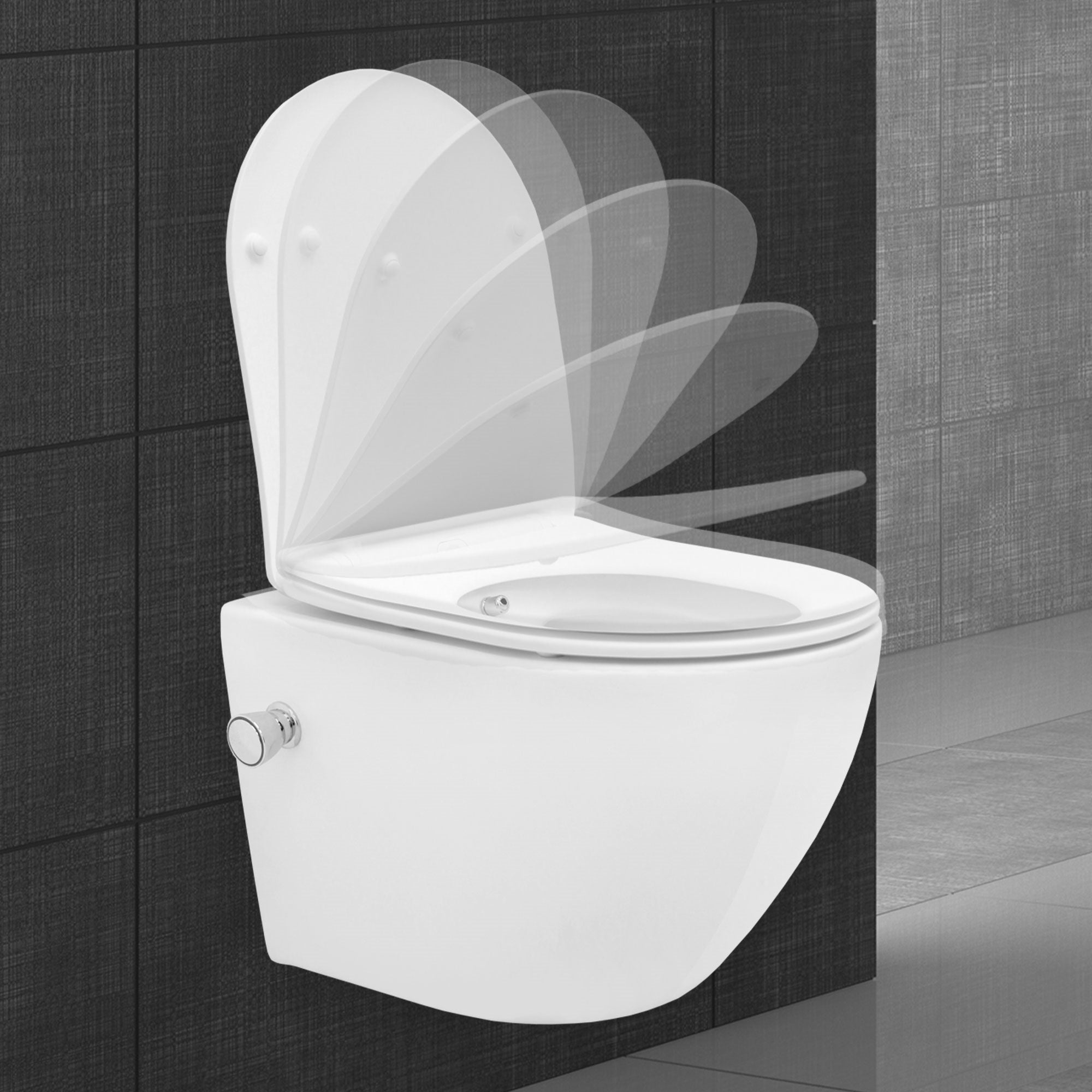 Weiße Toilette mit einem Deckel, der sich nach oben öffnet.