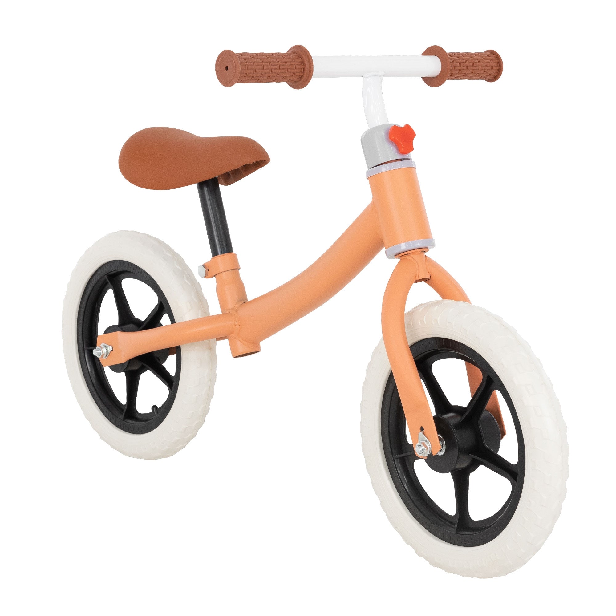 Una bicicletta arancione con sedile marrone e pneumatici bianchi.