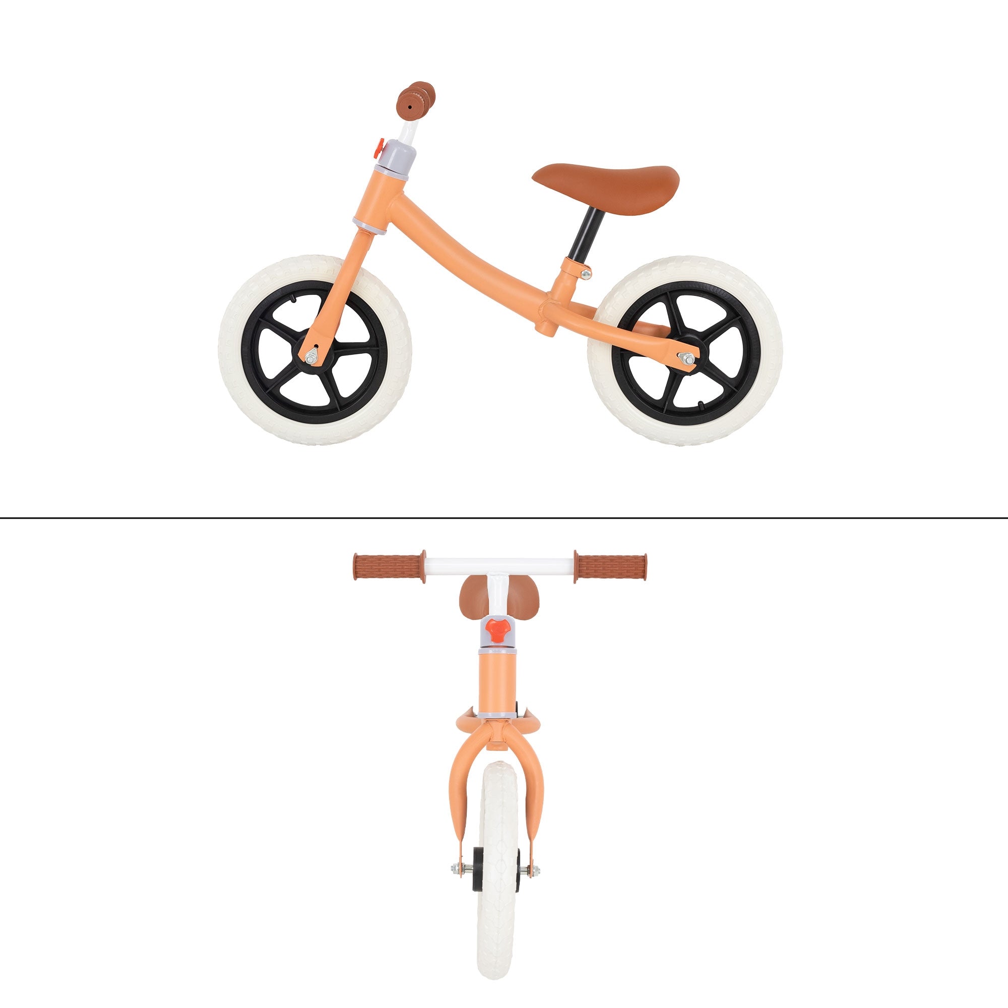 Una bicicletta arancione con pneumatici neri e sella marrone.