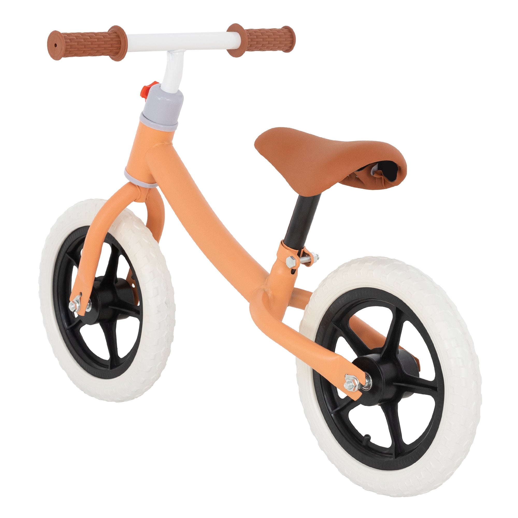 Bicicletta arancione con pneumatici bianchi e sella marrone.