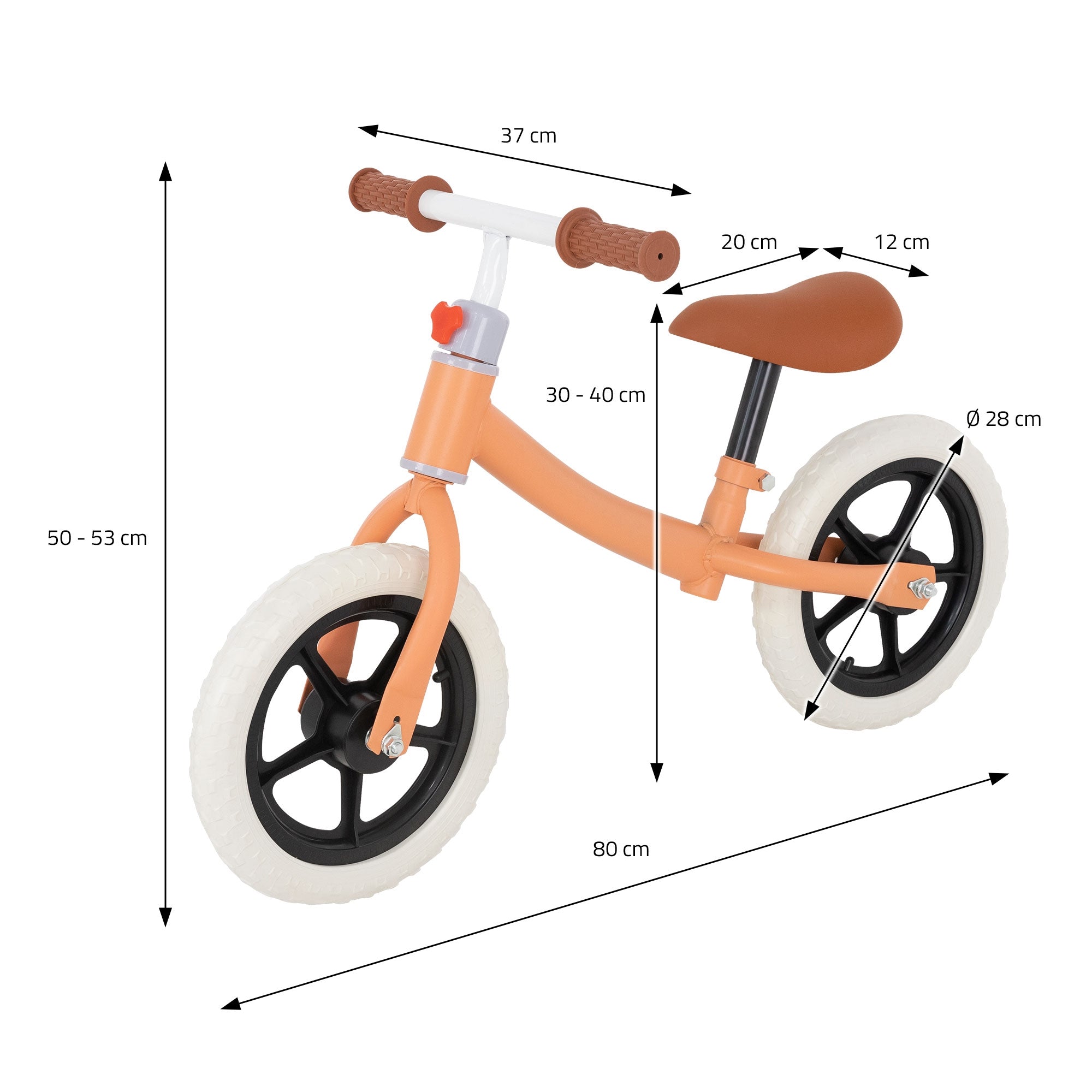 Una bicicletta arancione con pneumatici neri e misure.