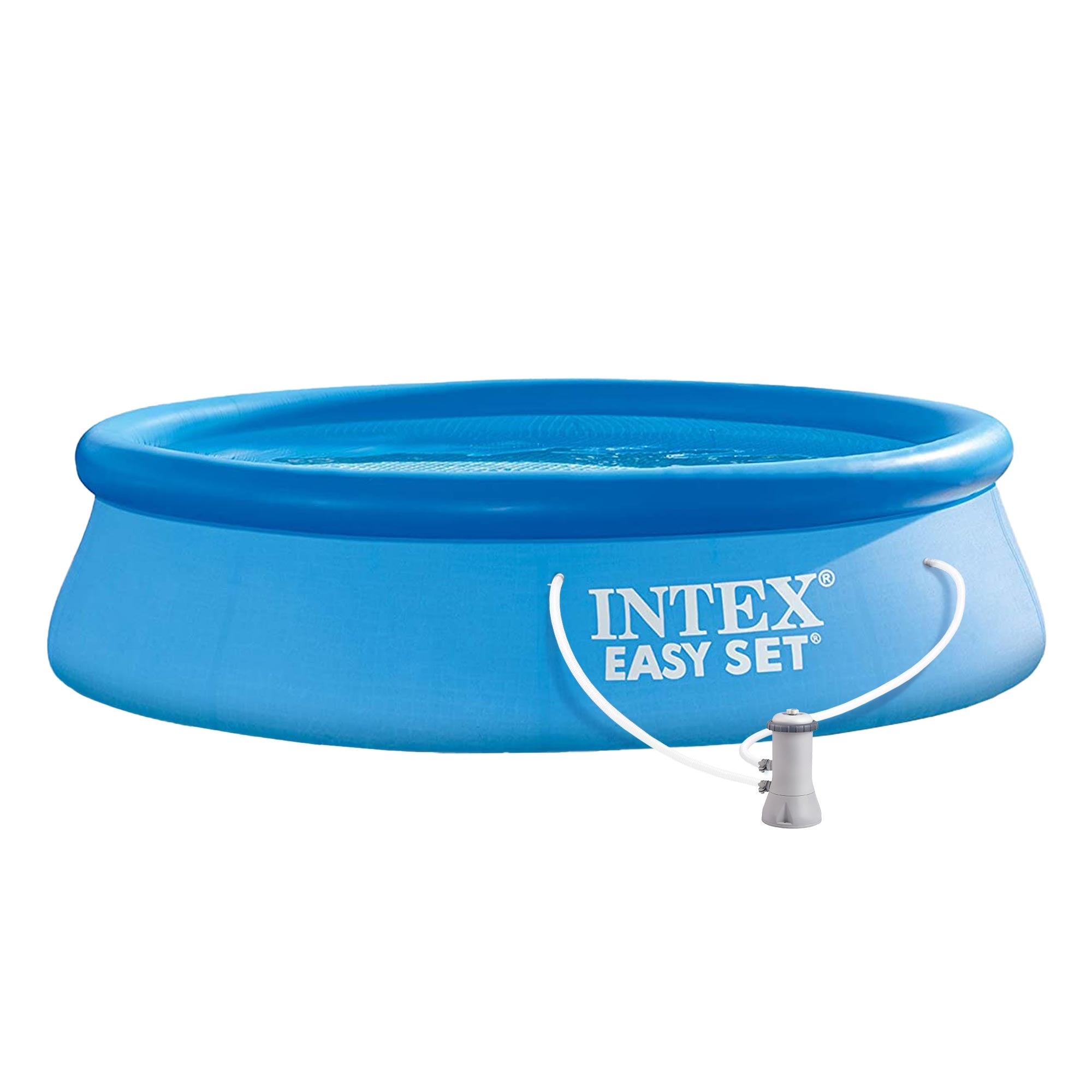 Round inflatable swimming pool in blue filled with water.