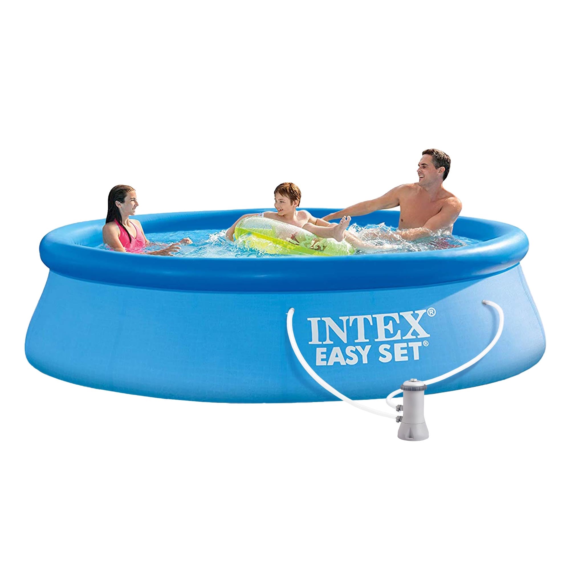 Three people in a blue above-ground pool, two children and one adult.