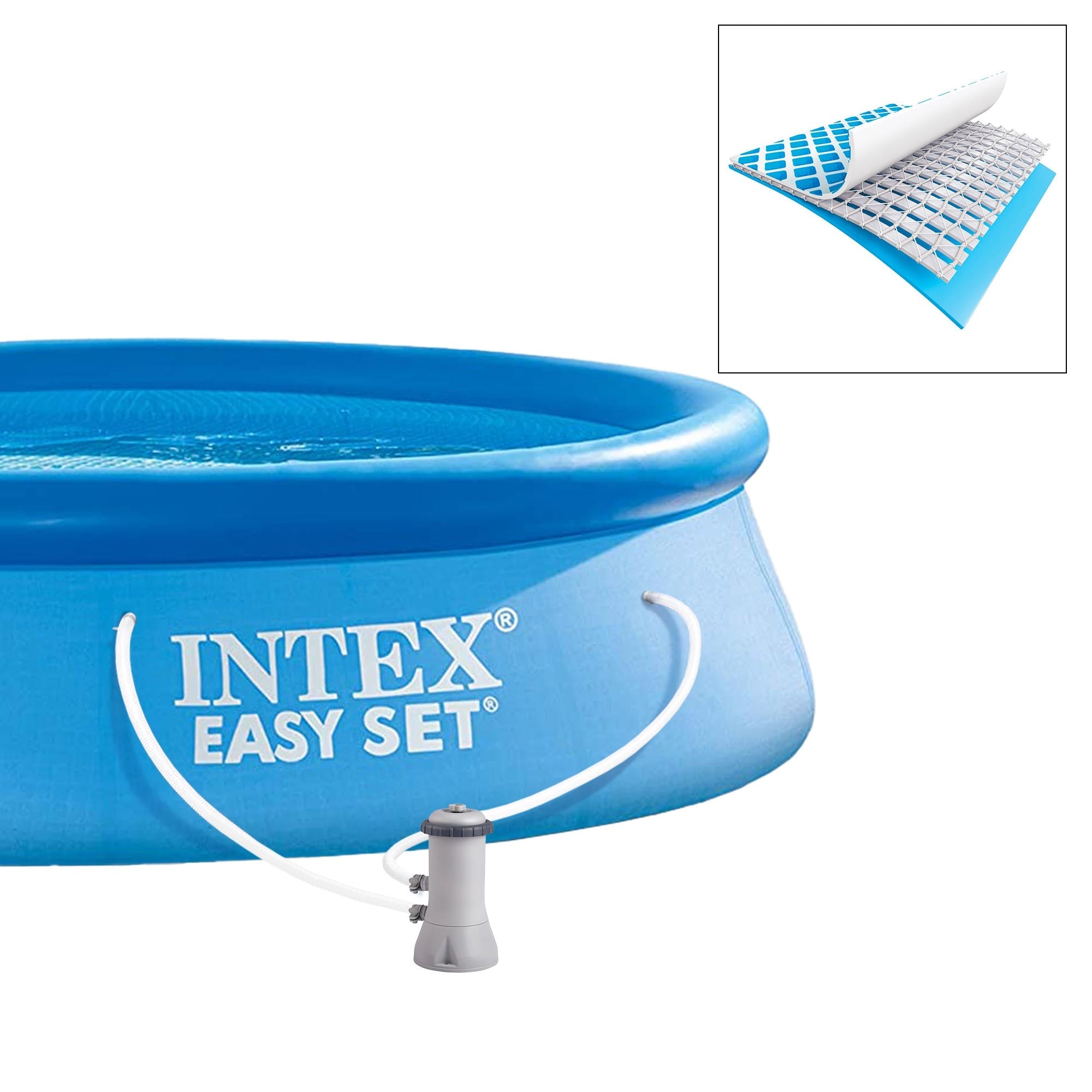 Round blue above-ground pool with water and a pump.