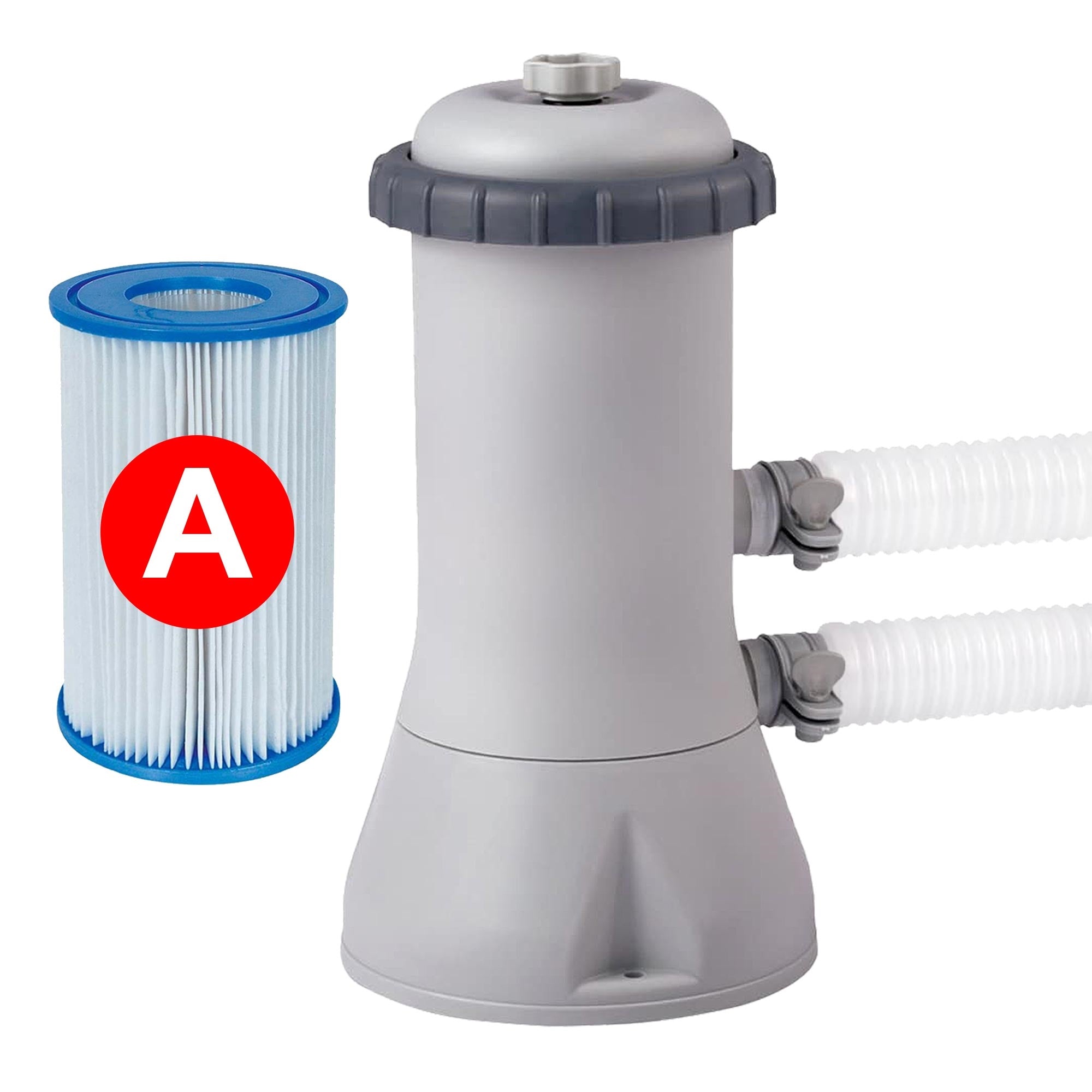 Pool filter pump in gray with a blue filter and two hoses.