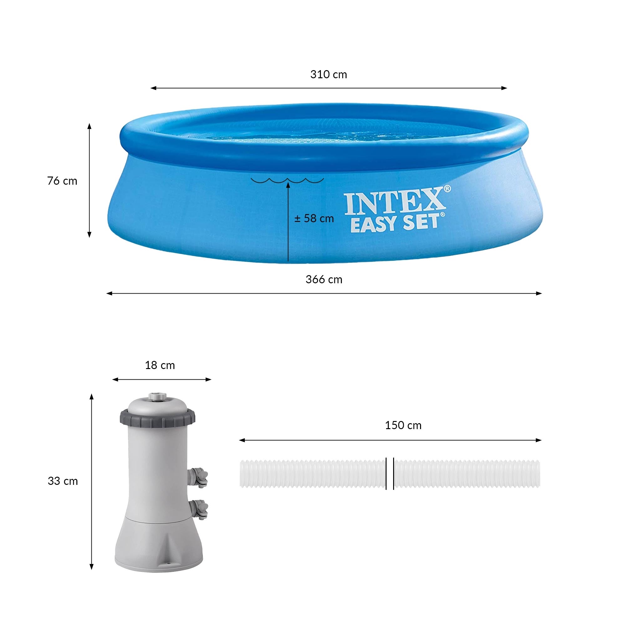 Round inflatable swimming pool with dimensions.