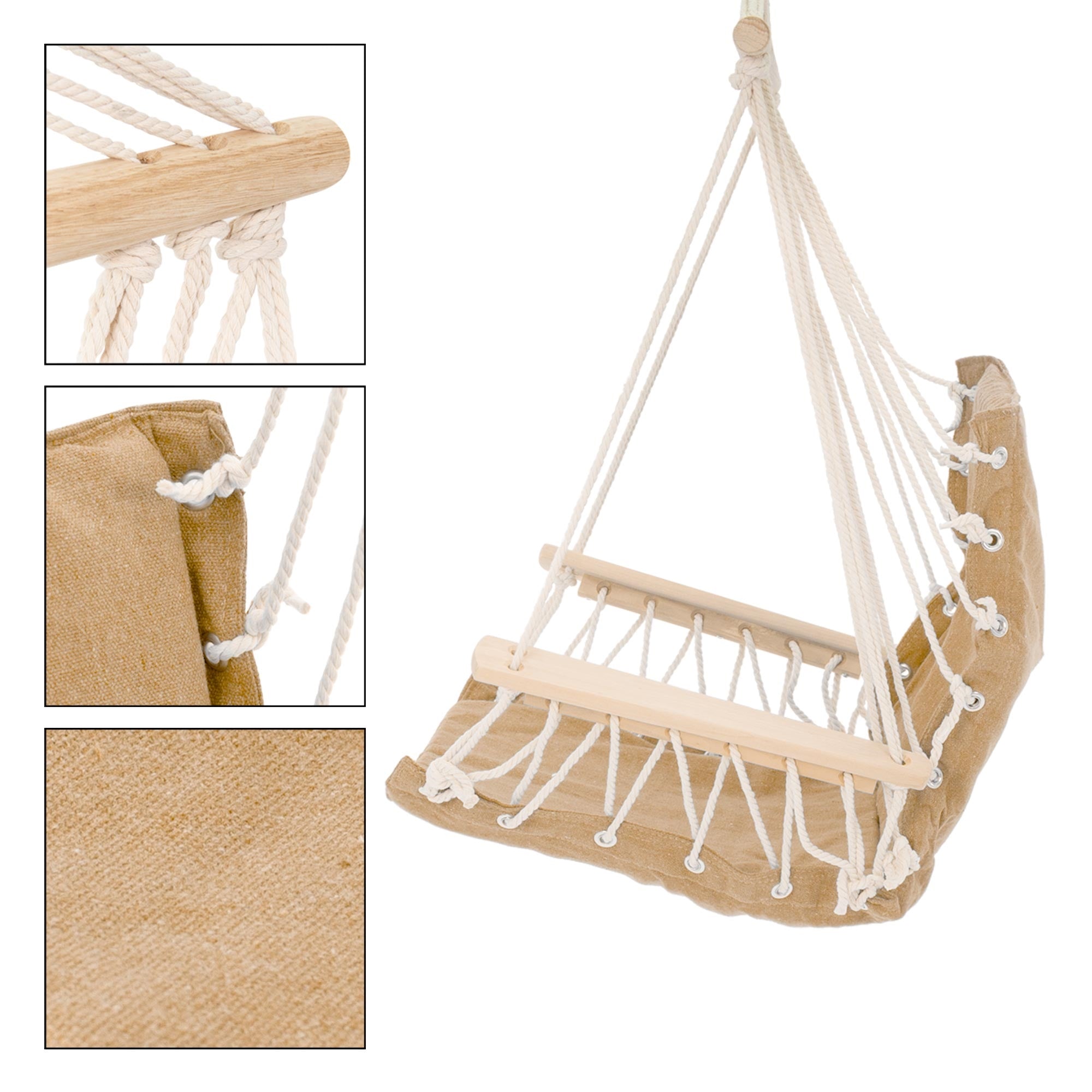 Hanging chair made of fabric with wooden slats and white ropes.