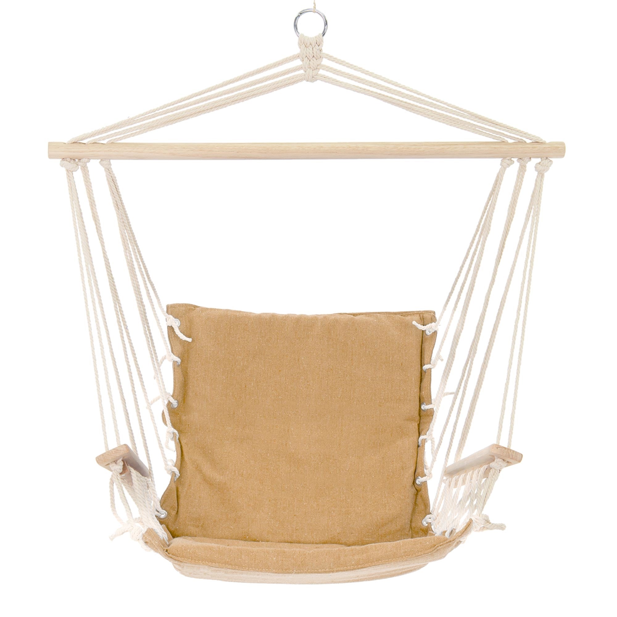 Hanging chair with wooden frame and beige cushion, suspended.