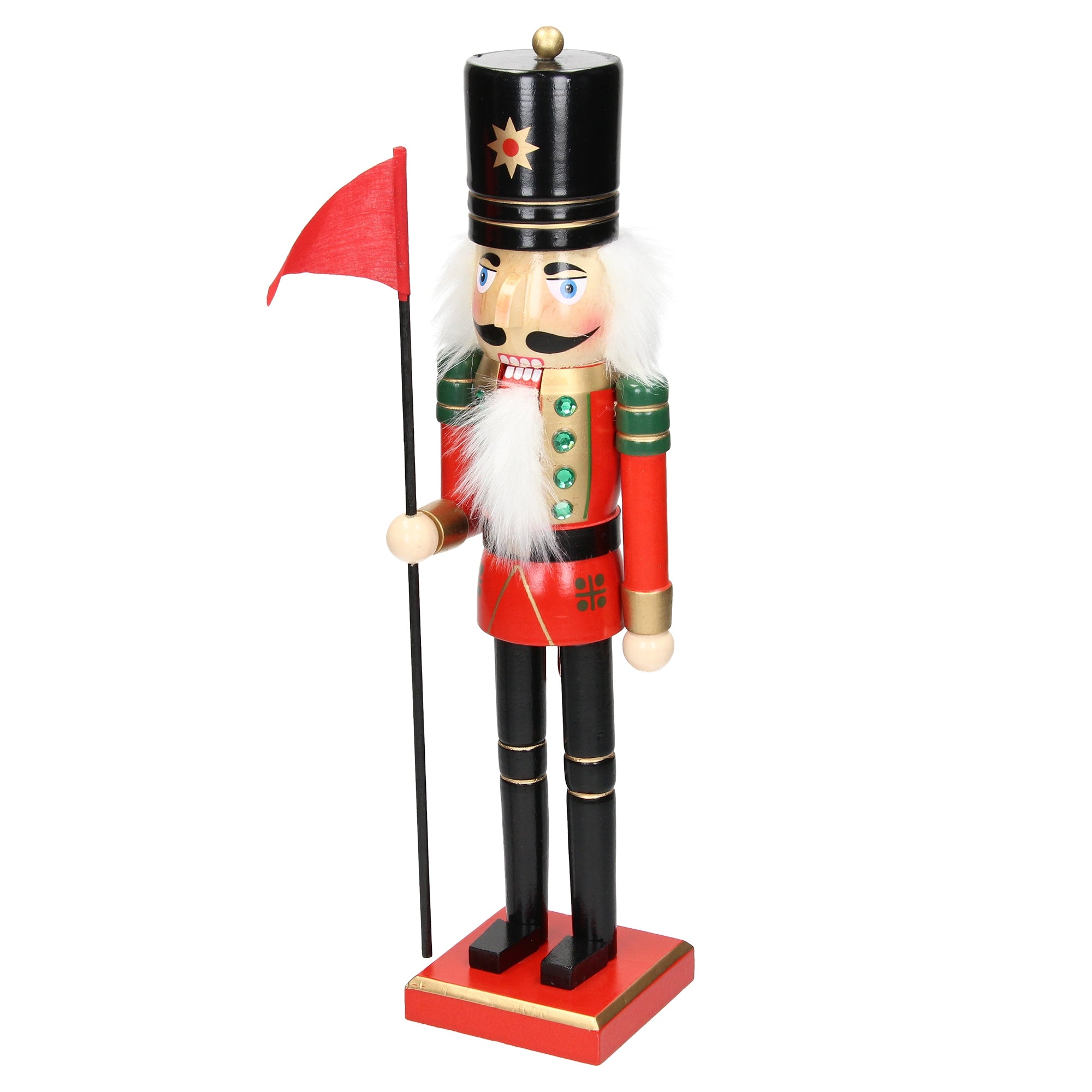 Schiaccianoci con cappello nero e bandiera rossa in mano.