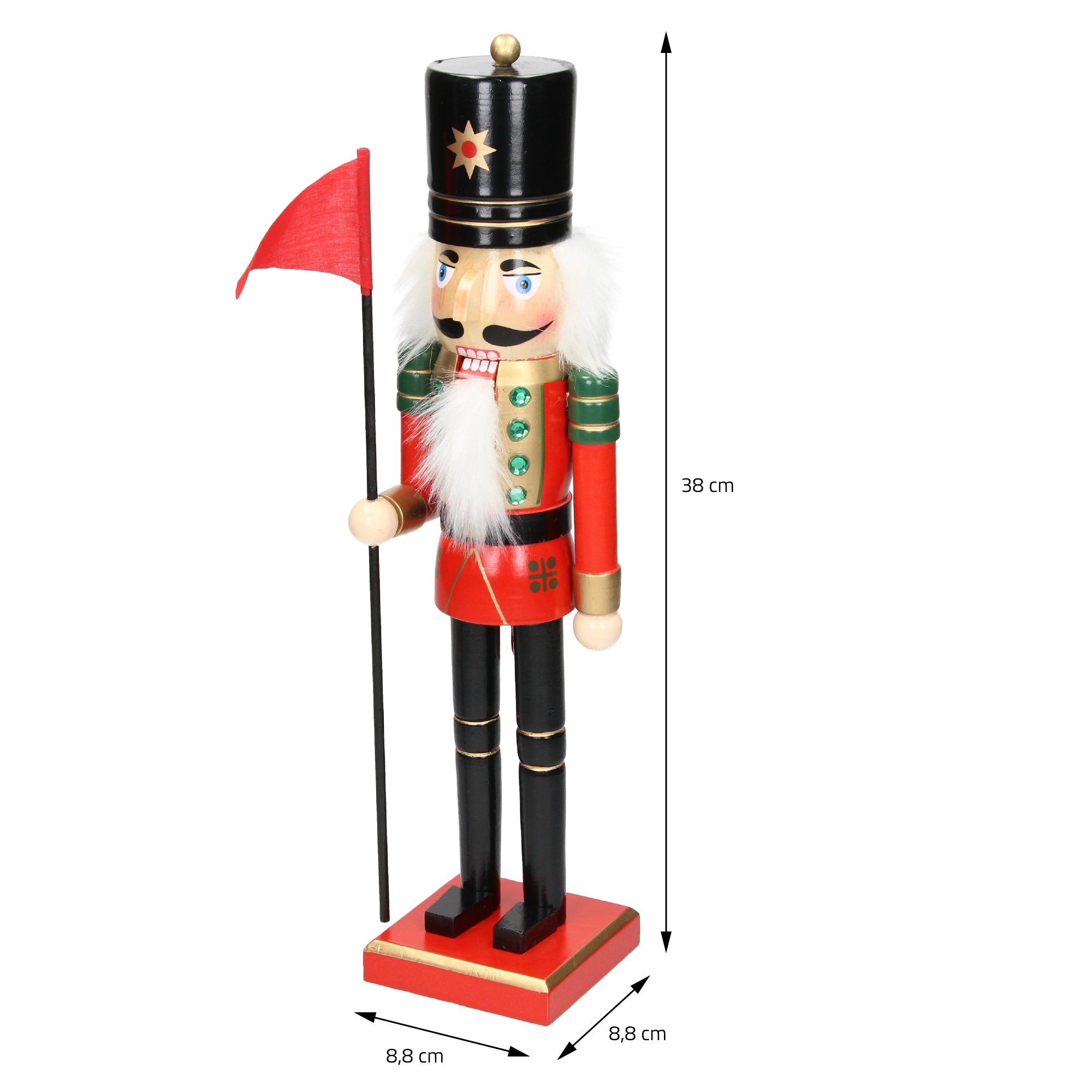 Schiaccianoci con cappello nero, bandiera rossa e misure.