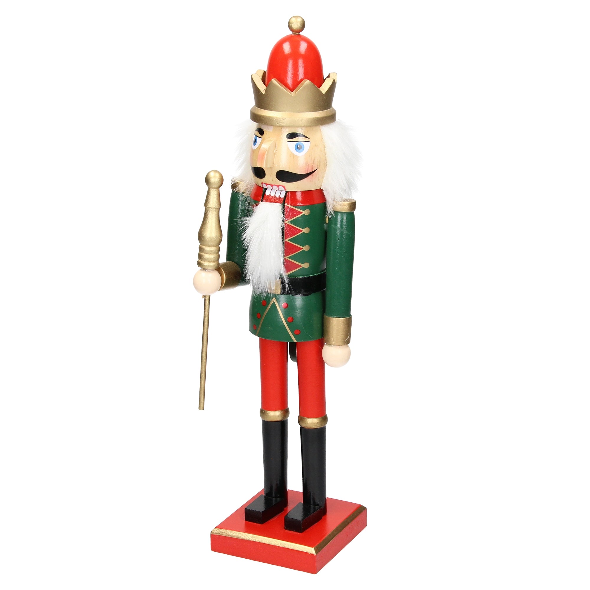 Ein hölzerner Nussknacker in grün und rot mit Krone und Zepter.