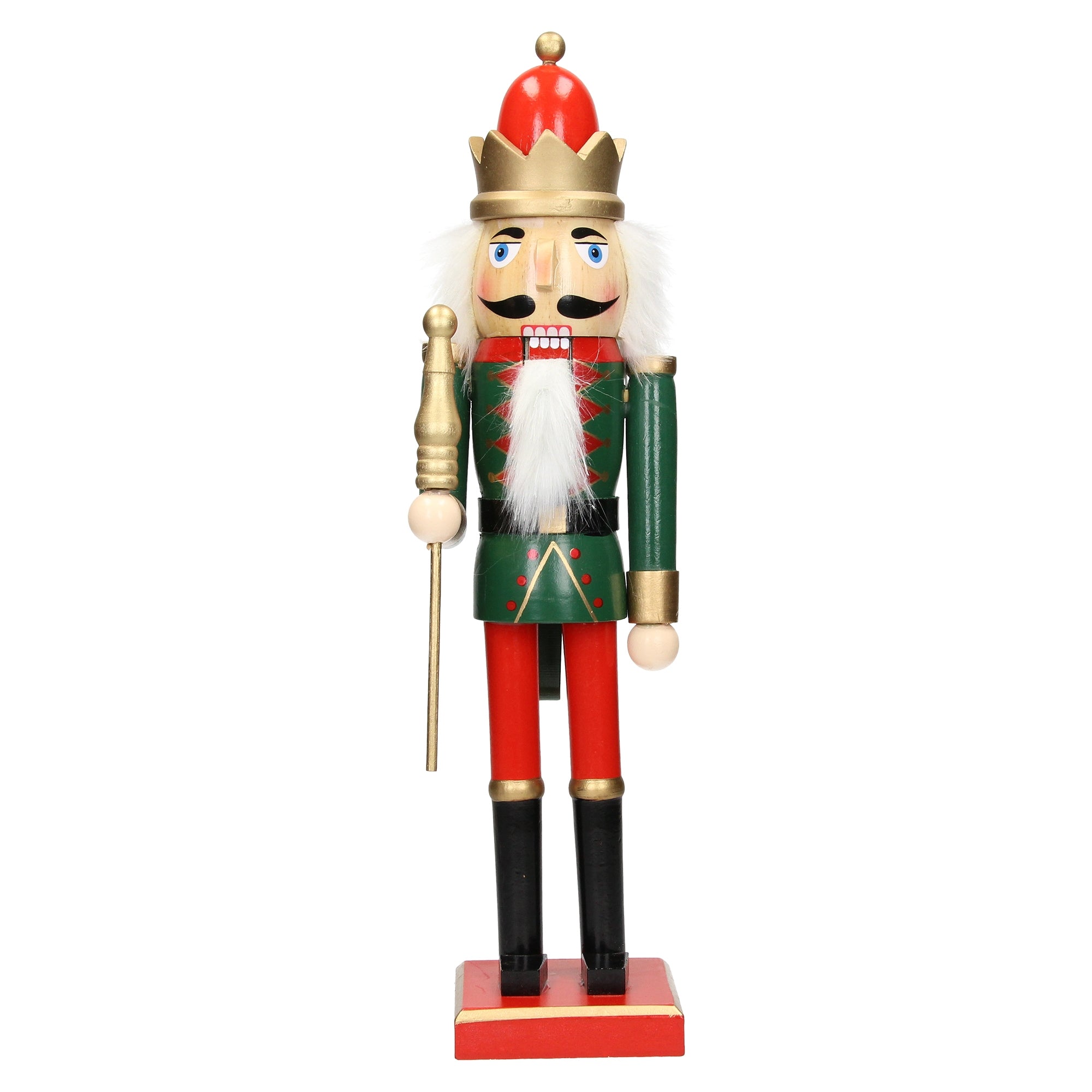 Ein hölzerner Nussknacker in Uniform mit Krone und Zepter, auf einem Sockel stehend.