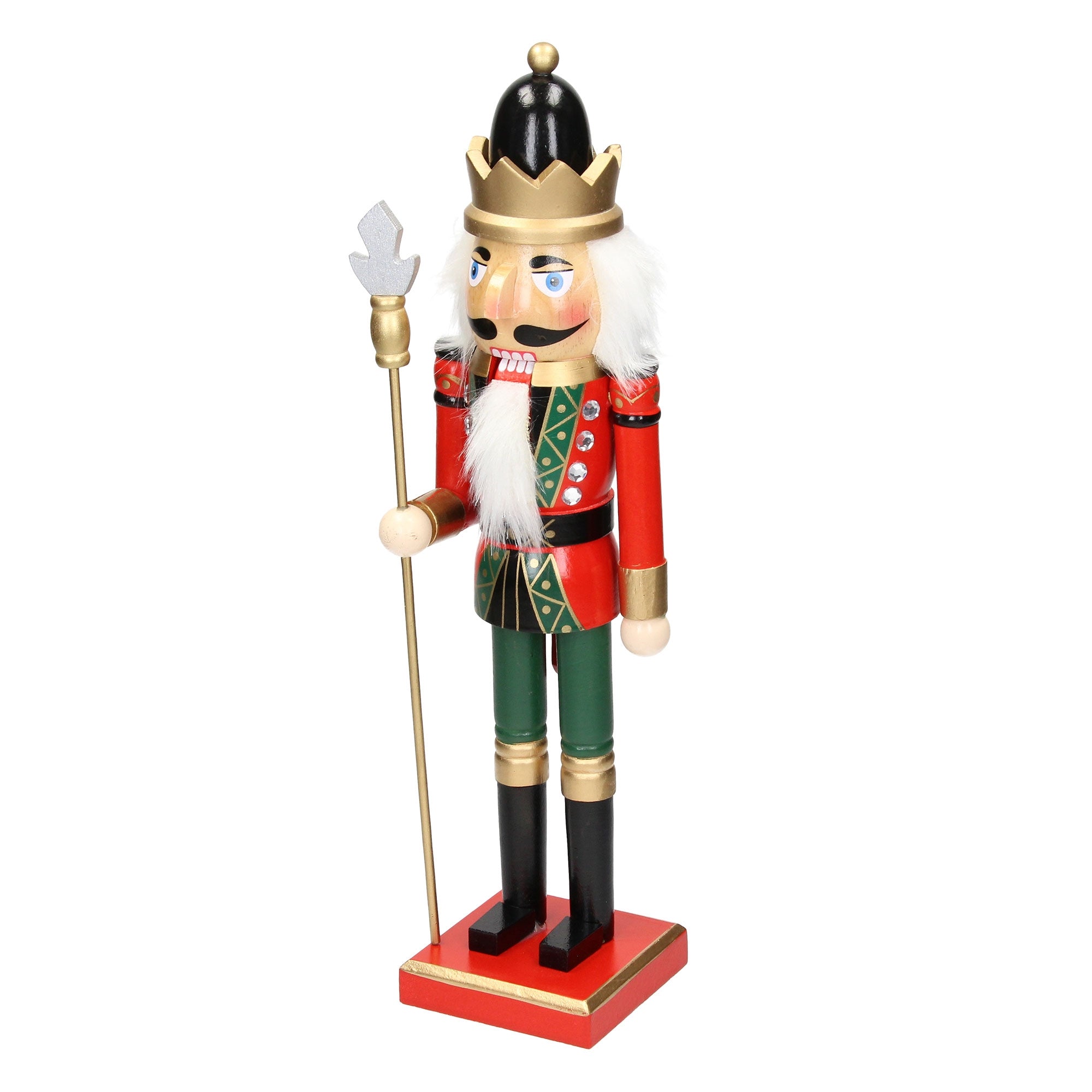 Ein hölzerner Nussknacker in rot und grün mit Krone und Speer.