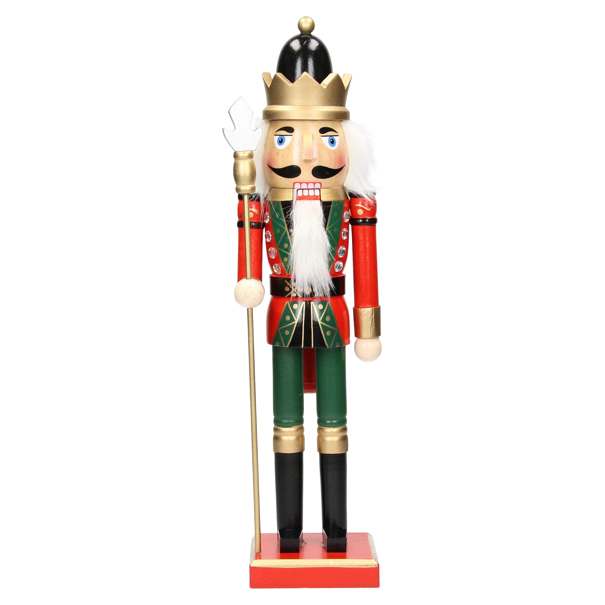 Bunter Nussknacker mit goldener Krone und grüner Uniform, hält einen Stab.