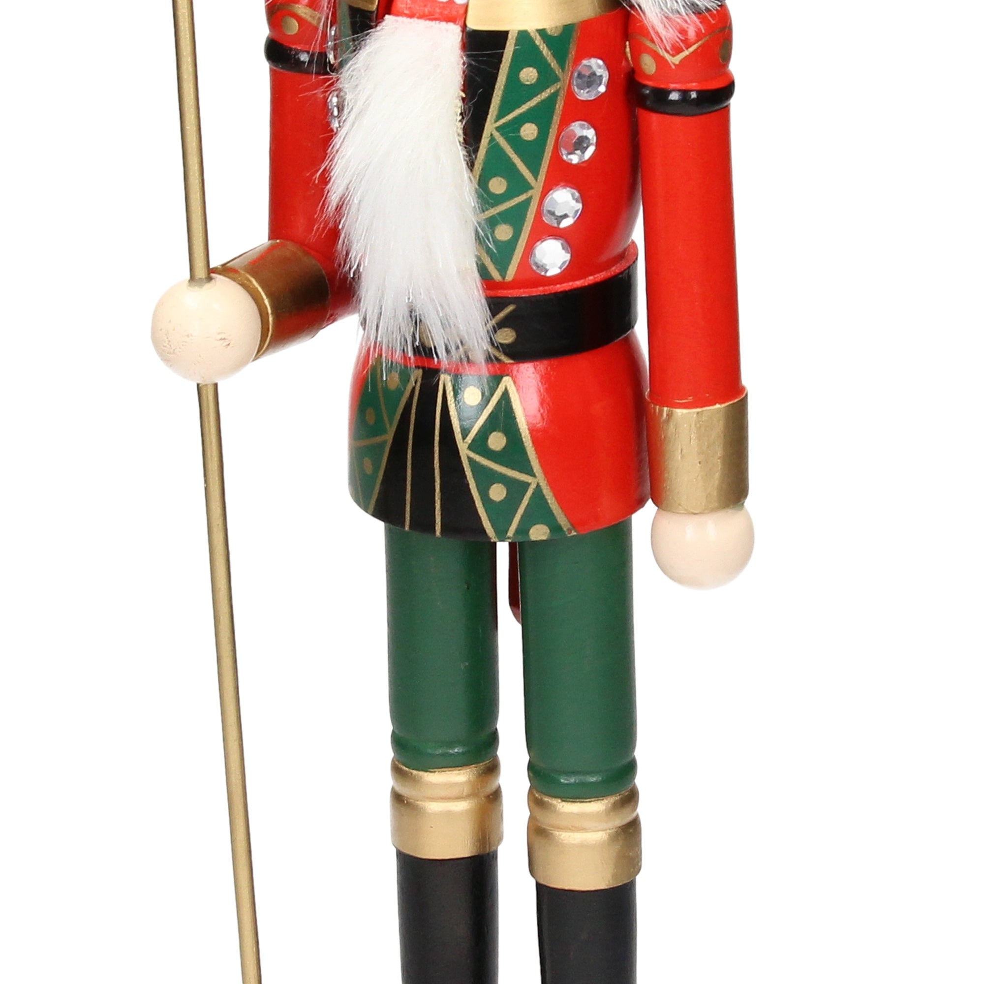 Detailaufnahme eines Nussknackers, rotes und grünes Outfit.