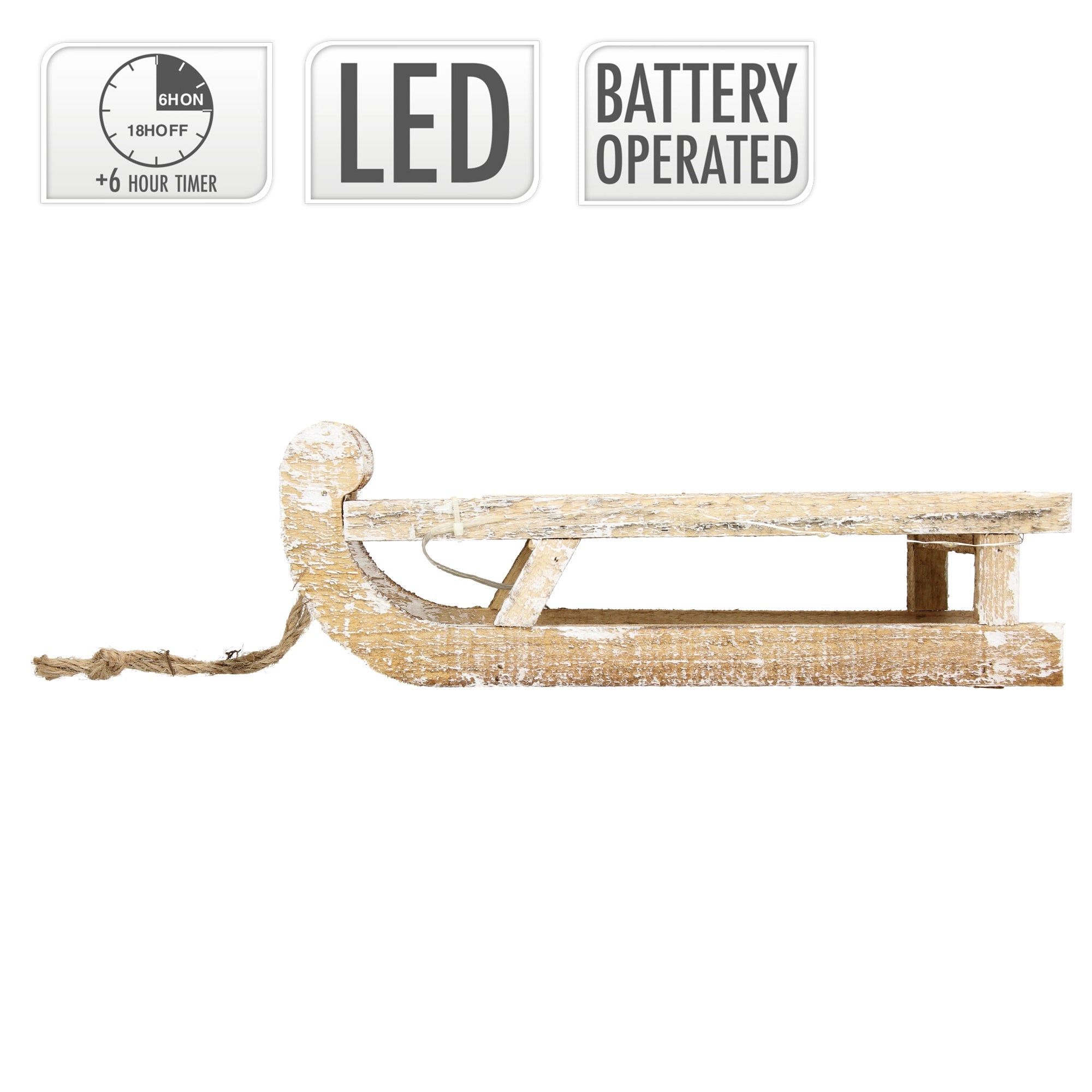 Wooden sled with cord, LED lighting, battery-operated.