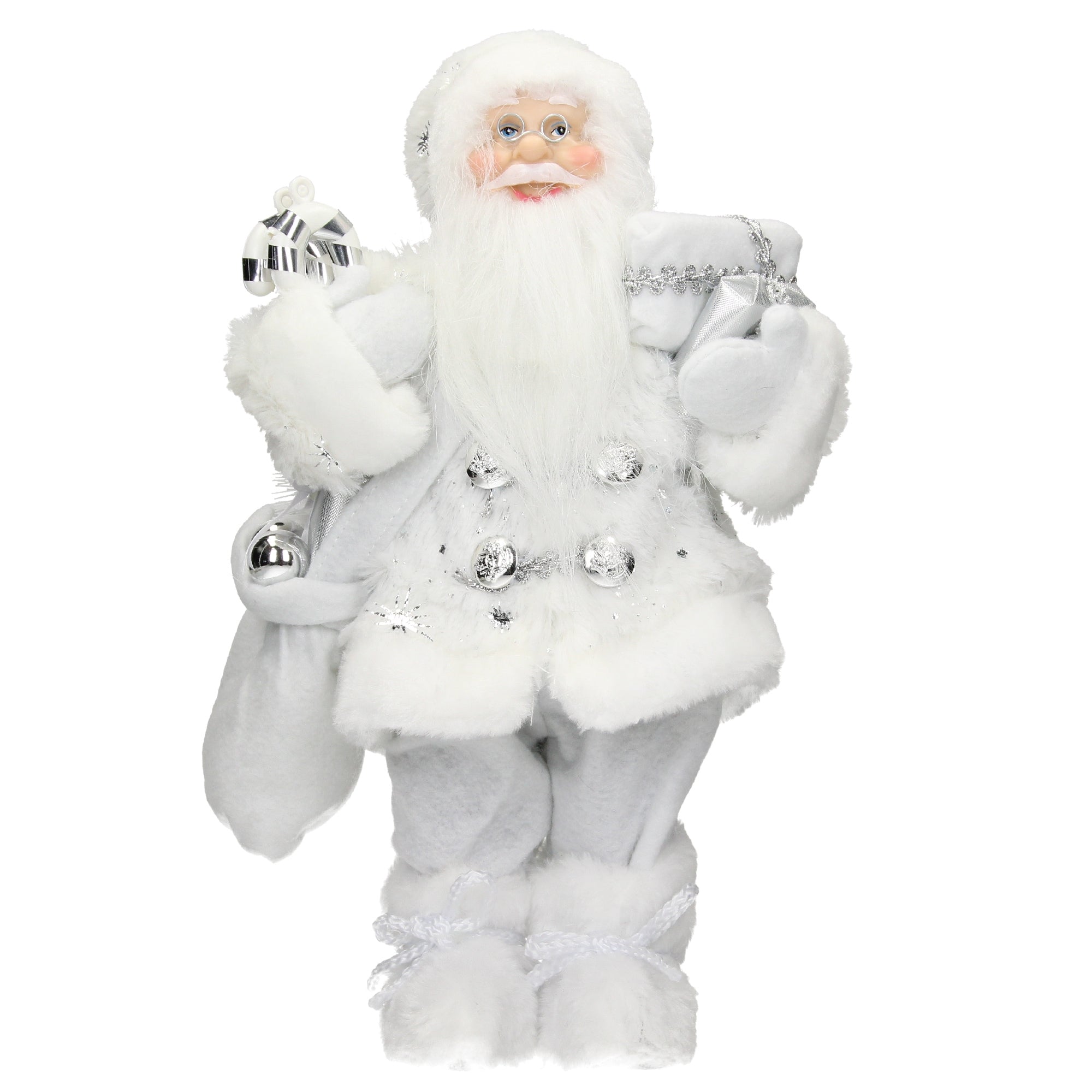Santa Claus v bílém obleku s dárky a sáčkem.