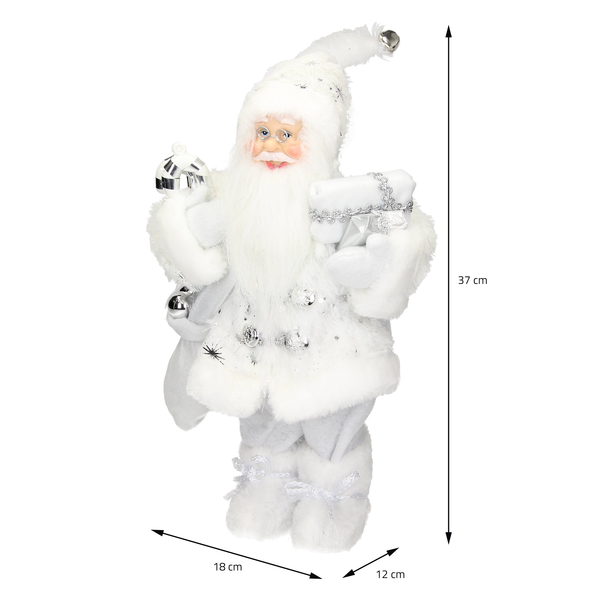 Mikuláš s dárky, výška 37 cm, šířka 18 cm, hloubka 12 cm.
