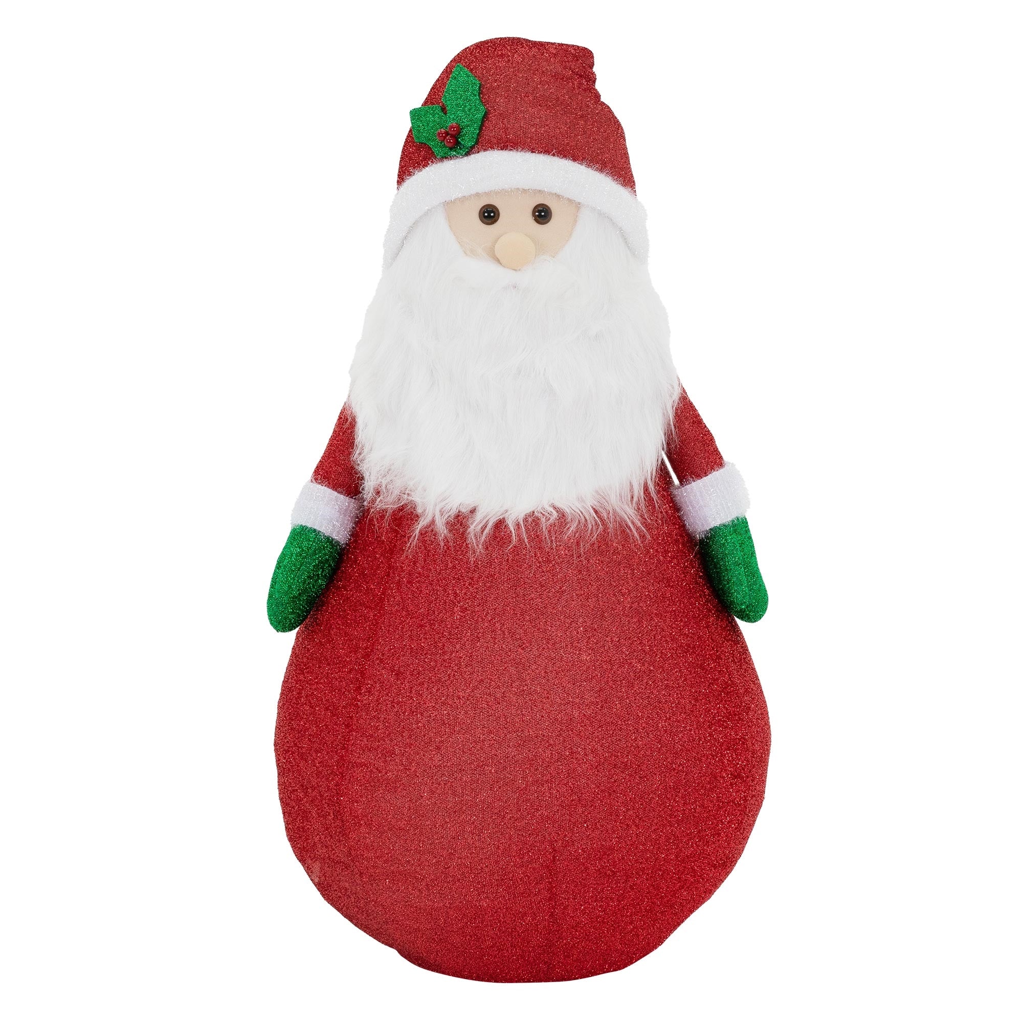 Ein Weihnachtsmann in rotem Gewand mit grünen Handschuhen und weißem Bart.