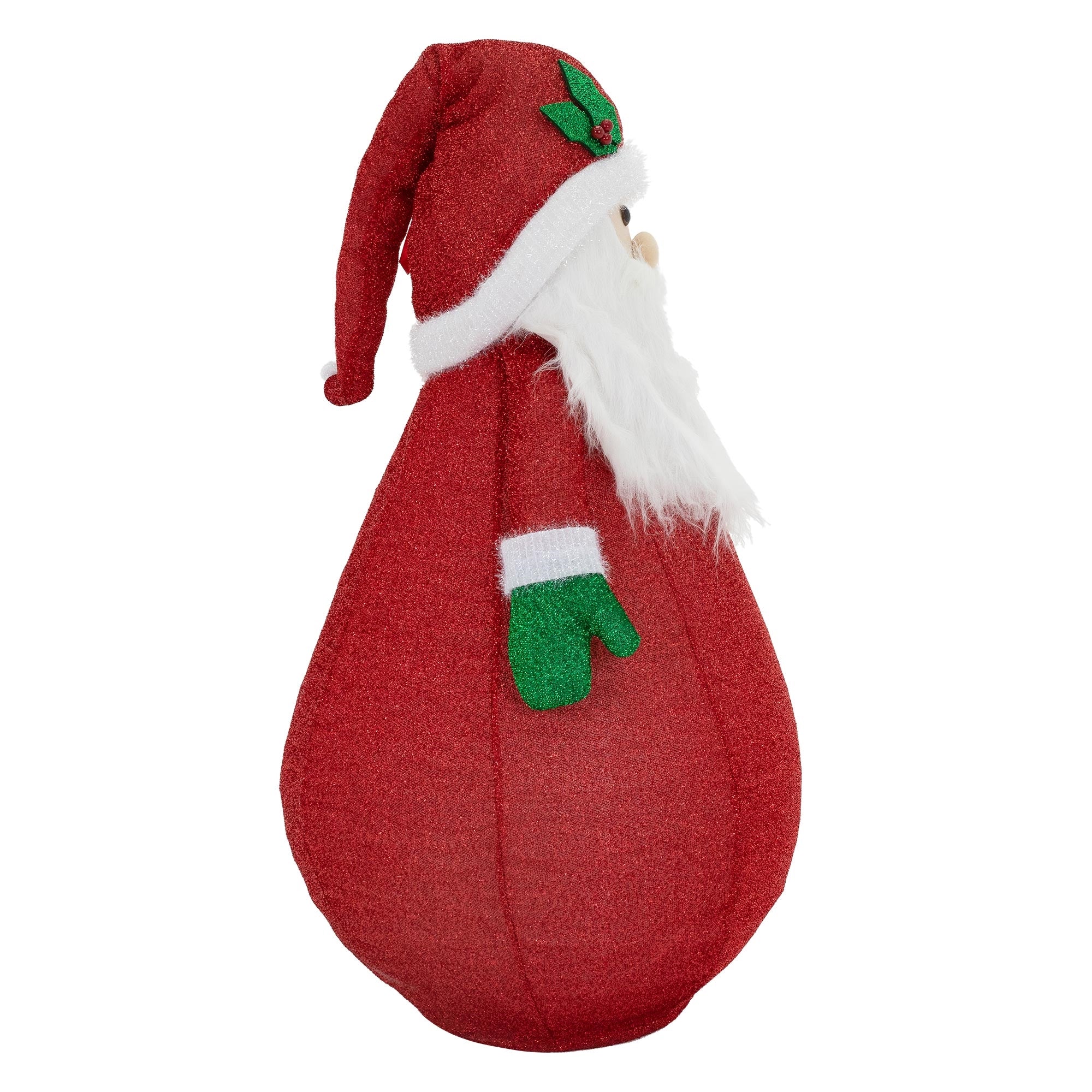 Seitenansicht einer roten Weihnachtsmann-Dekoration mit grünem Handschuh.