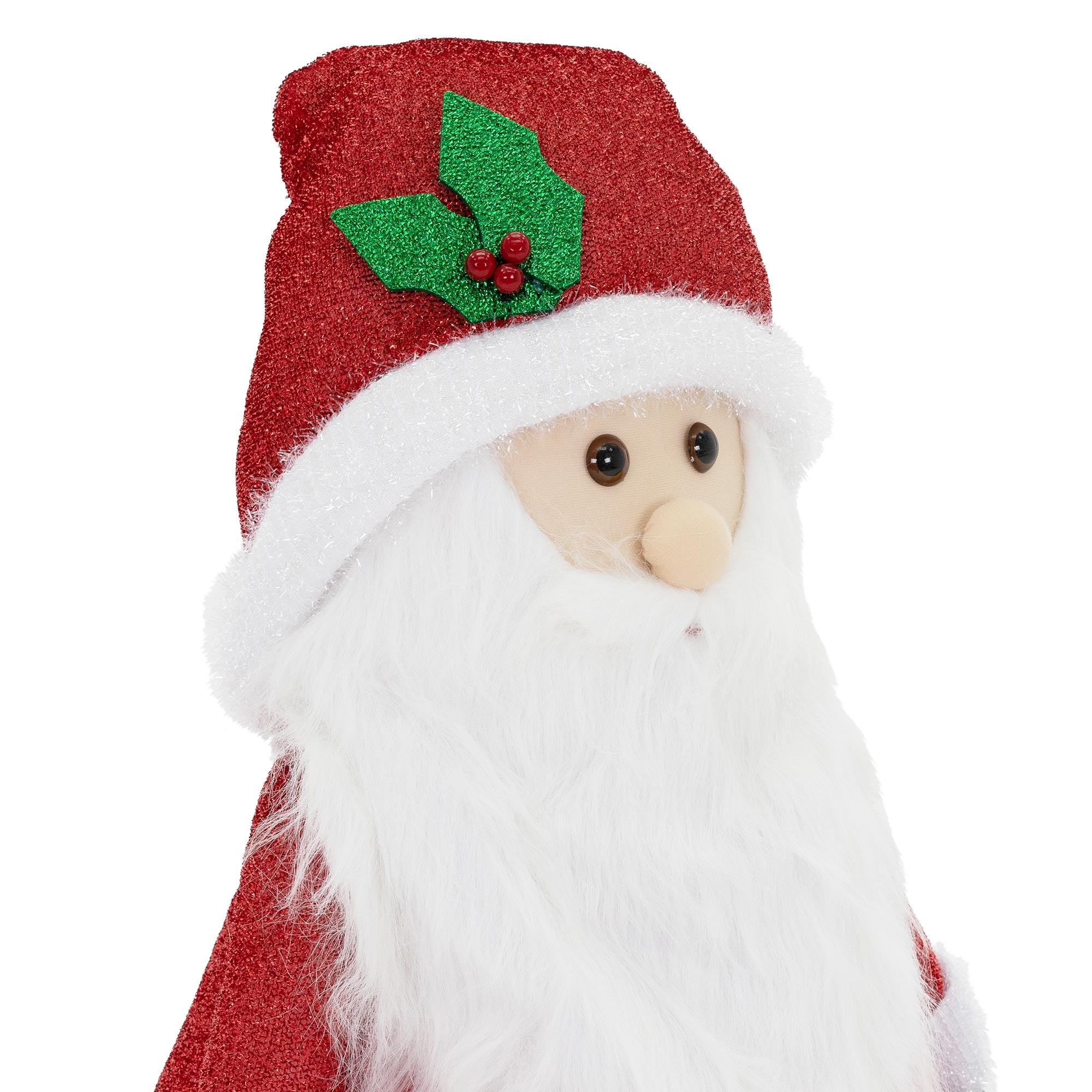 Weihnachtsmann mit rotem Hut und grüner Dekoration, weißem Bart und Gesicht.