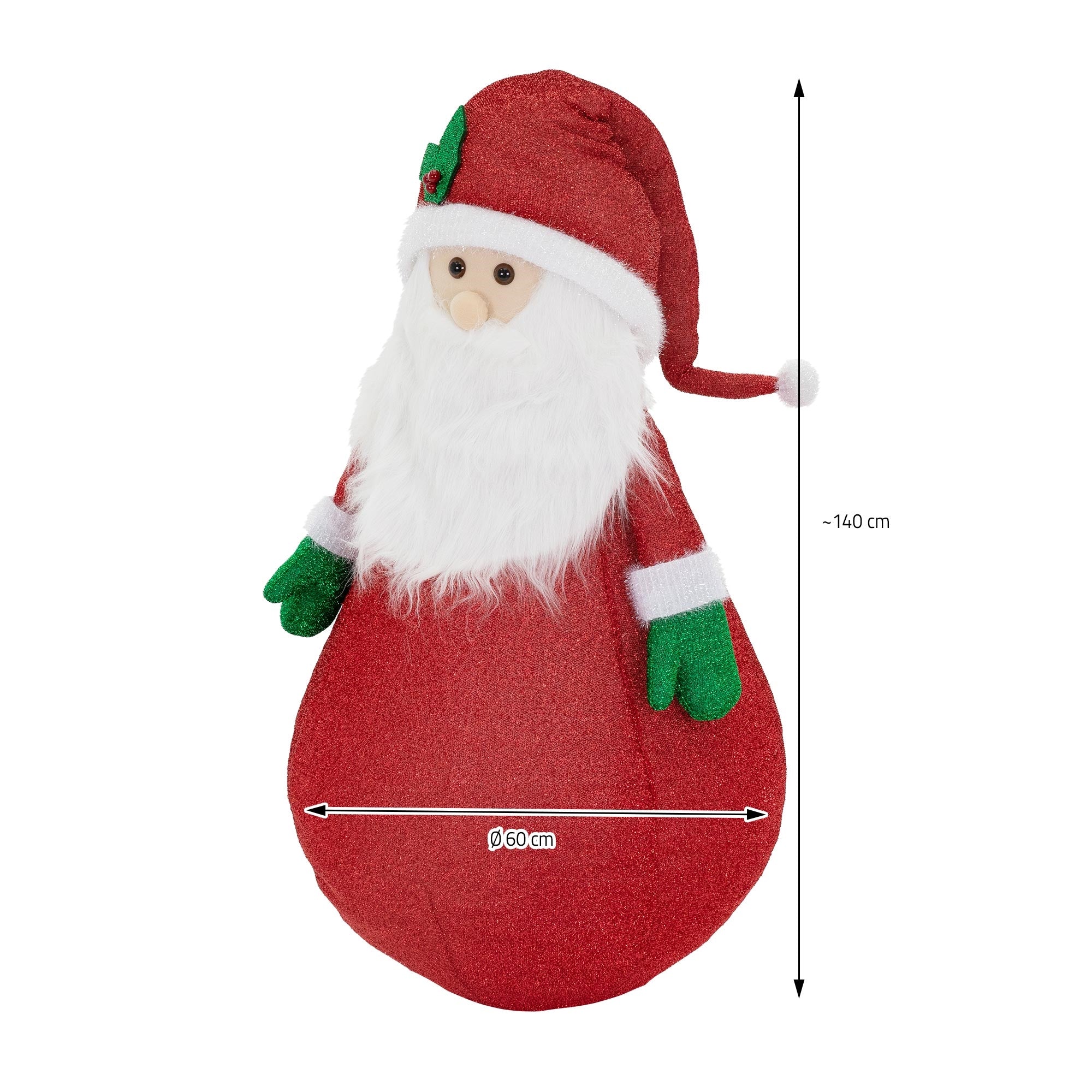 Plüschweihnachtsmann in rotem Outfit mit weißem Bart, Maße sind angegeben.