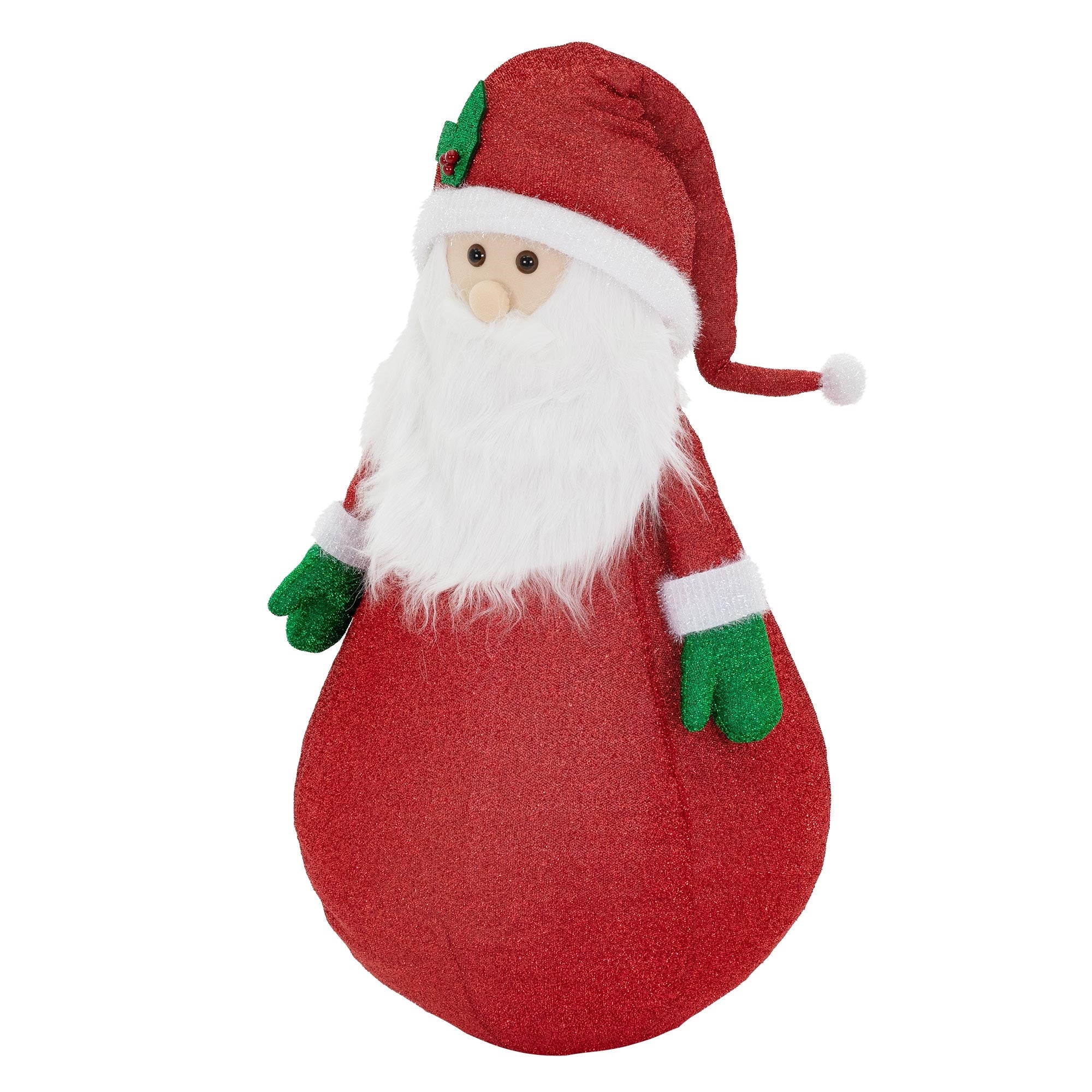 Ein Weihnachtsmann in rotem Gewand mit grünen Handschuhen und weißem Bart.