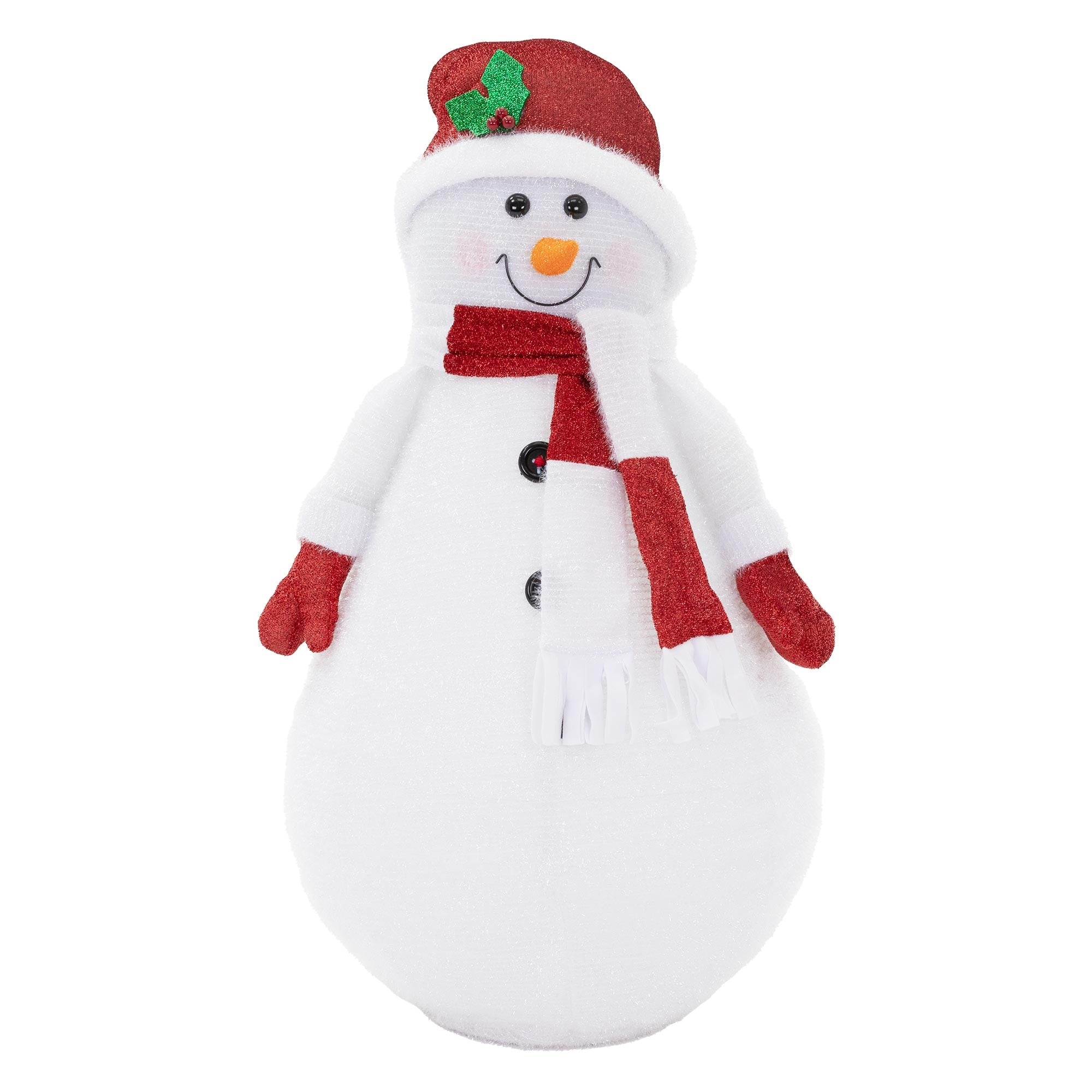Un bonhomme de neige avec un chapeau rouge, une écharpe et des boutons, sourit amicalement.