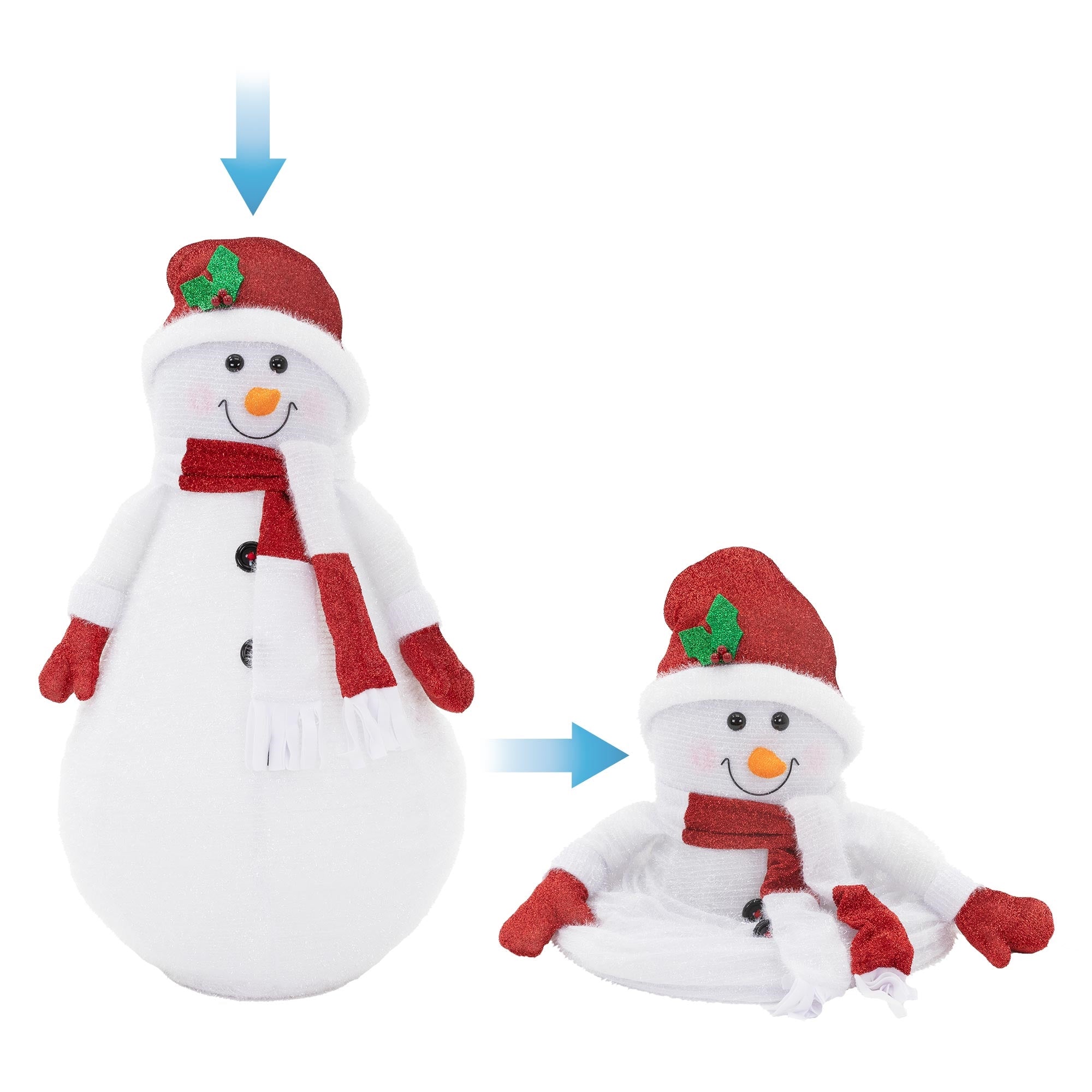 Deux bonhommes de neige, l'un debout, l'autre assis, tous deux avec des écharpes et des bonnets rouges.