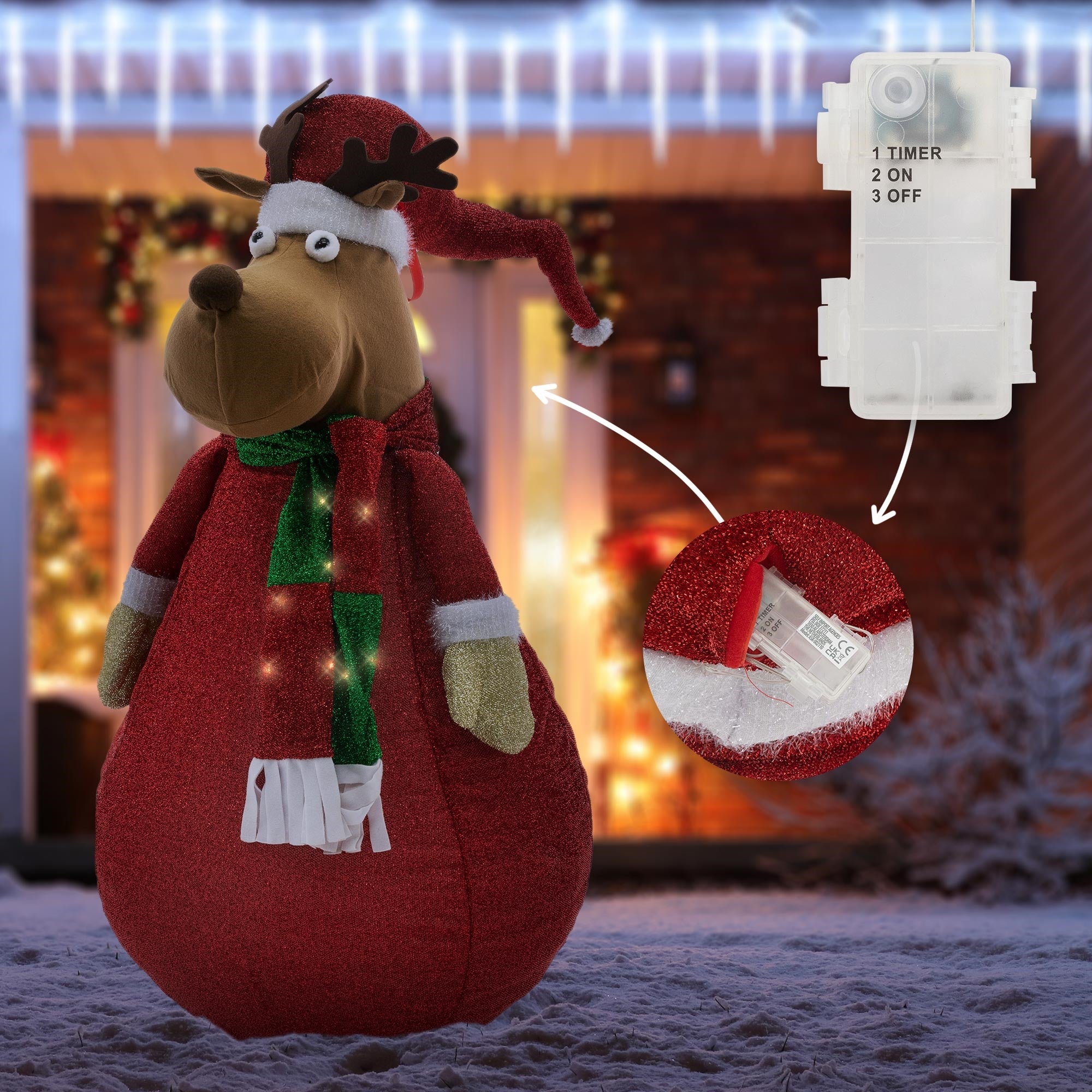 Figurine en peluche de Père Noël avec un minuteur et un interrupteur à l'arrière.