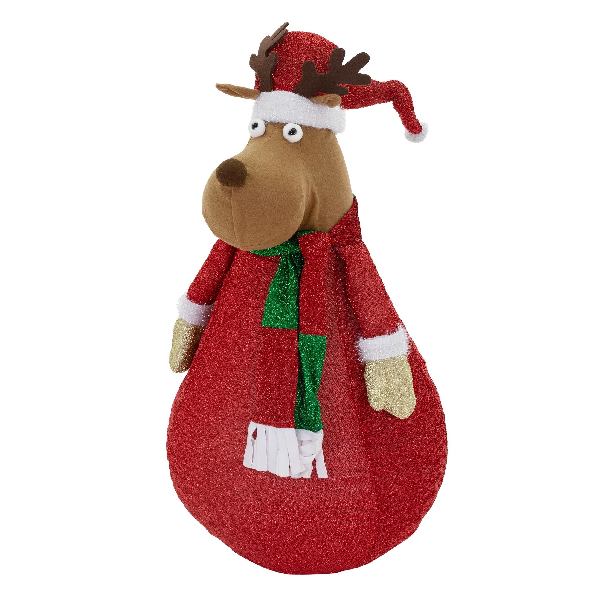 Renne en peluche avec une écharpe rouge et un bonnet de Noël.