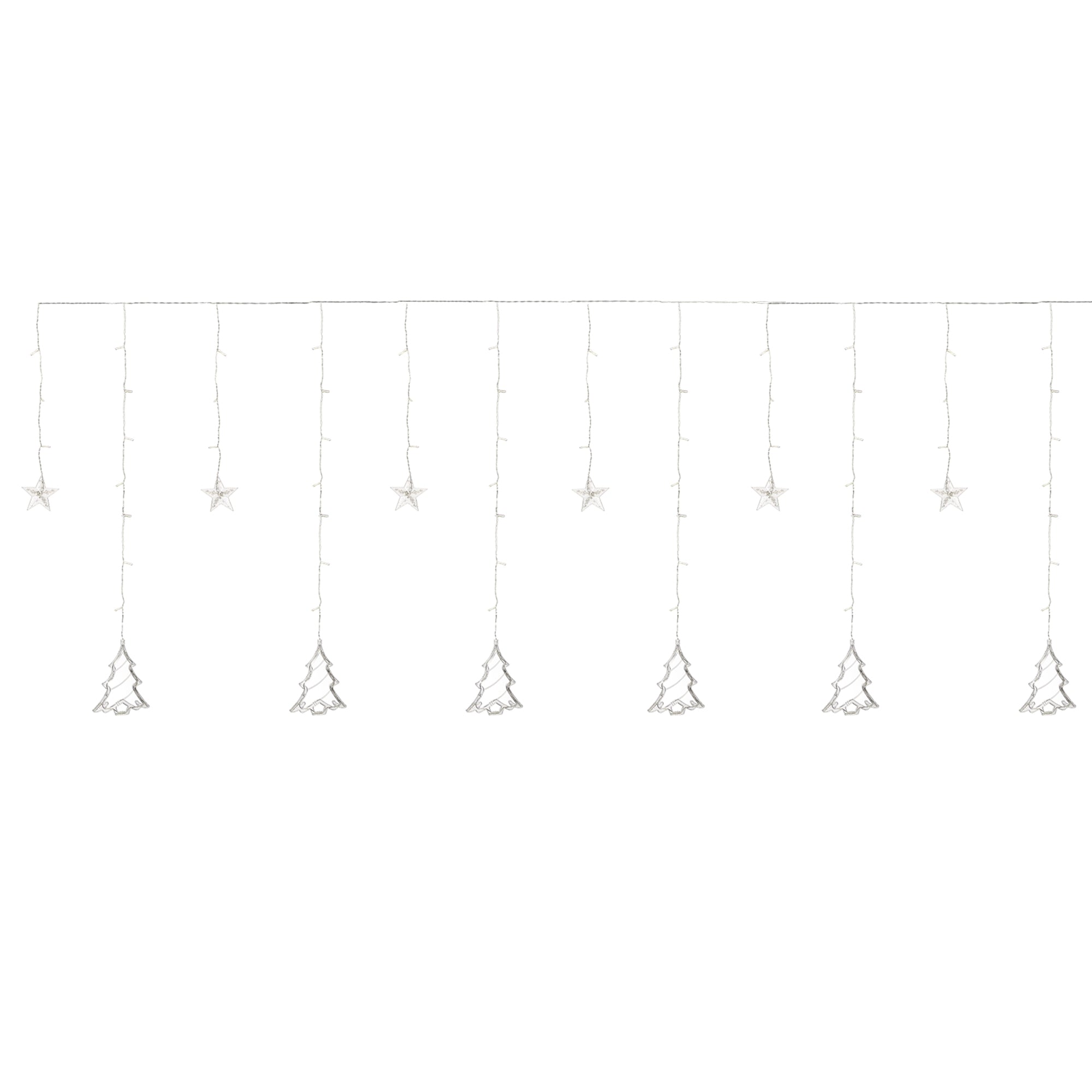 Hanging string lights with stars and trees on a black background.