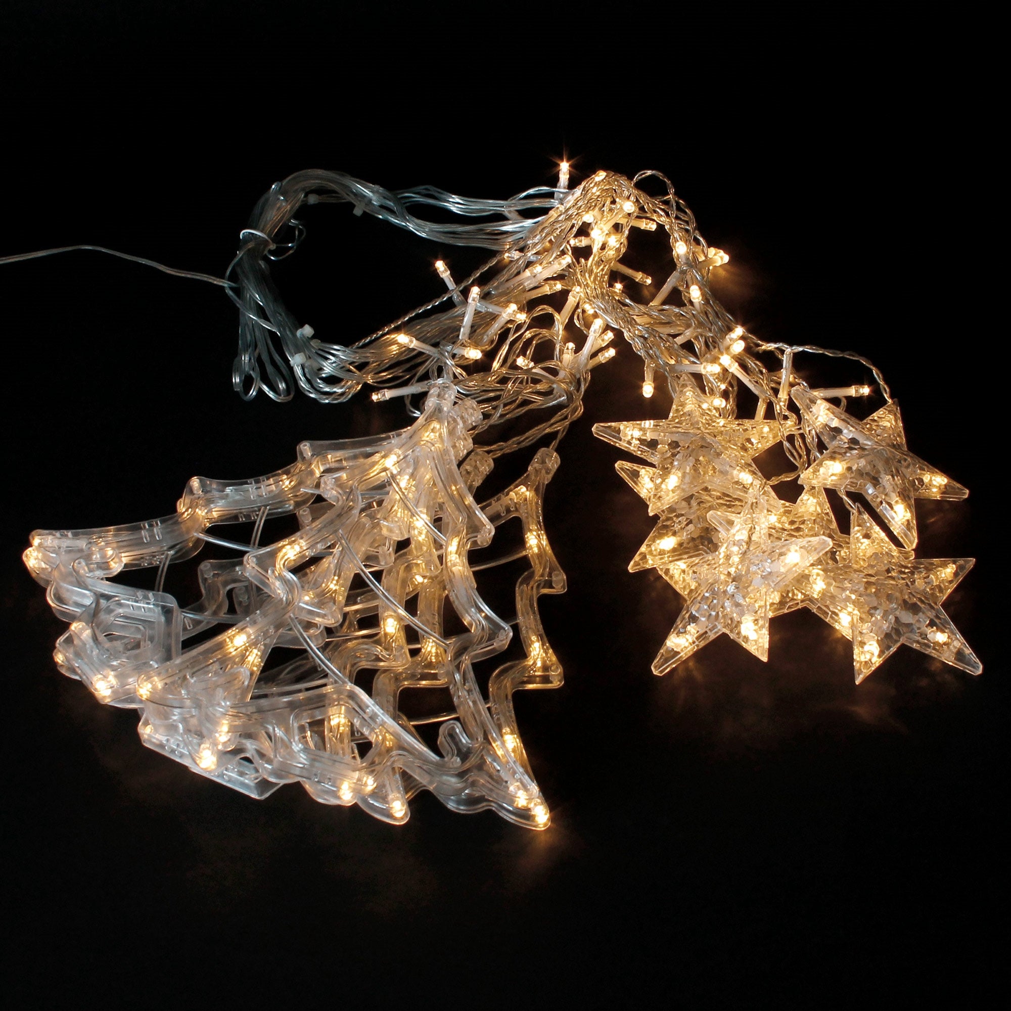 Transparent string lights with glowing stars and trees.