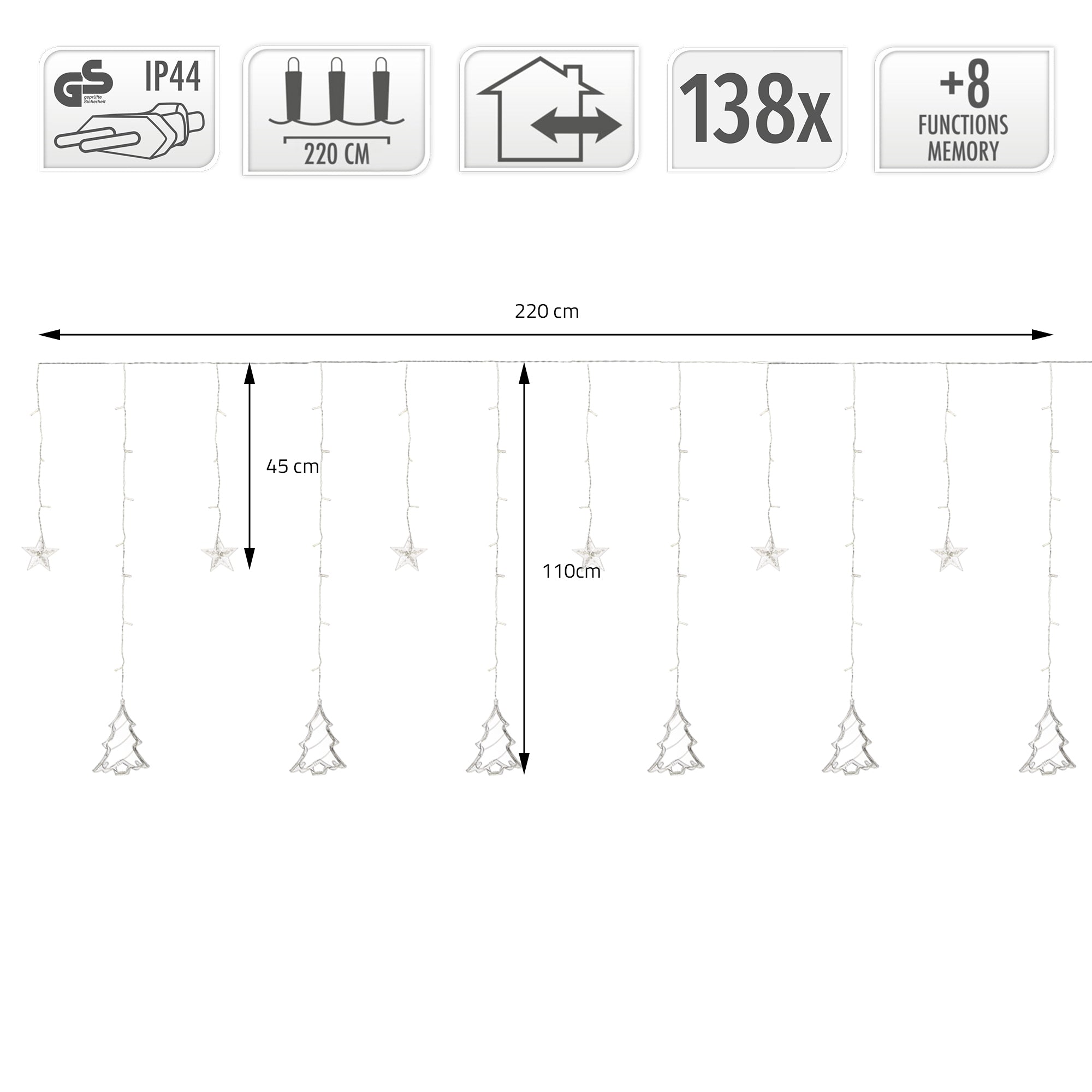 String lights with stars and snowflakes, 220 cm long, 8 functions.