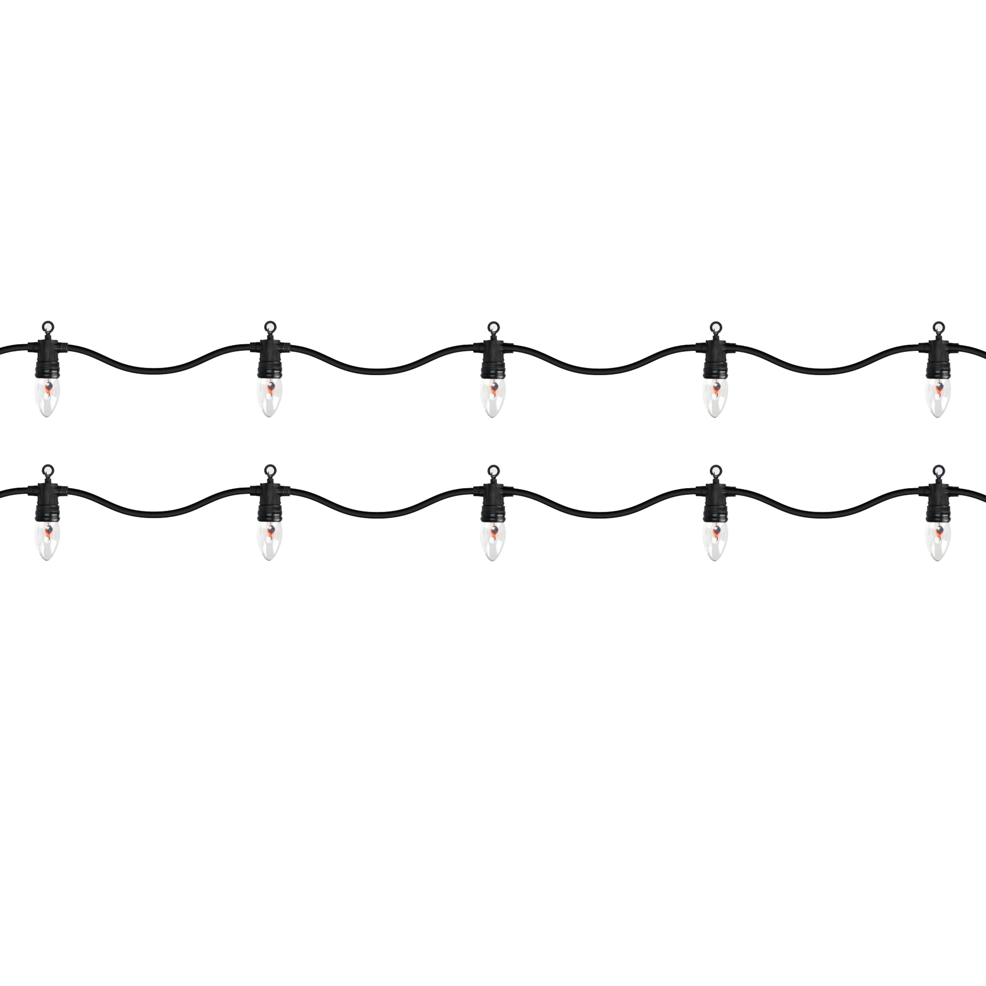 A string of lights with several bulbs on a black cable.