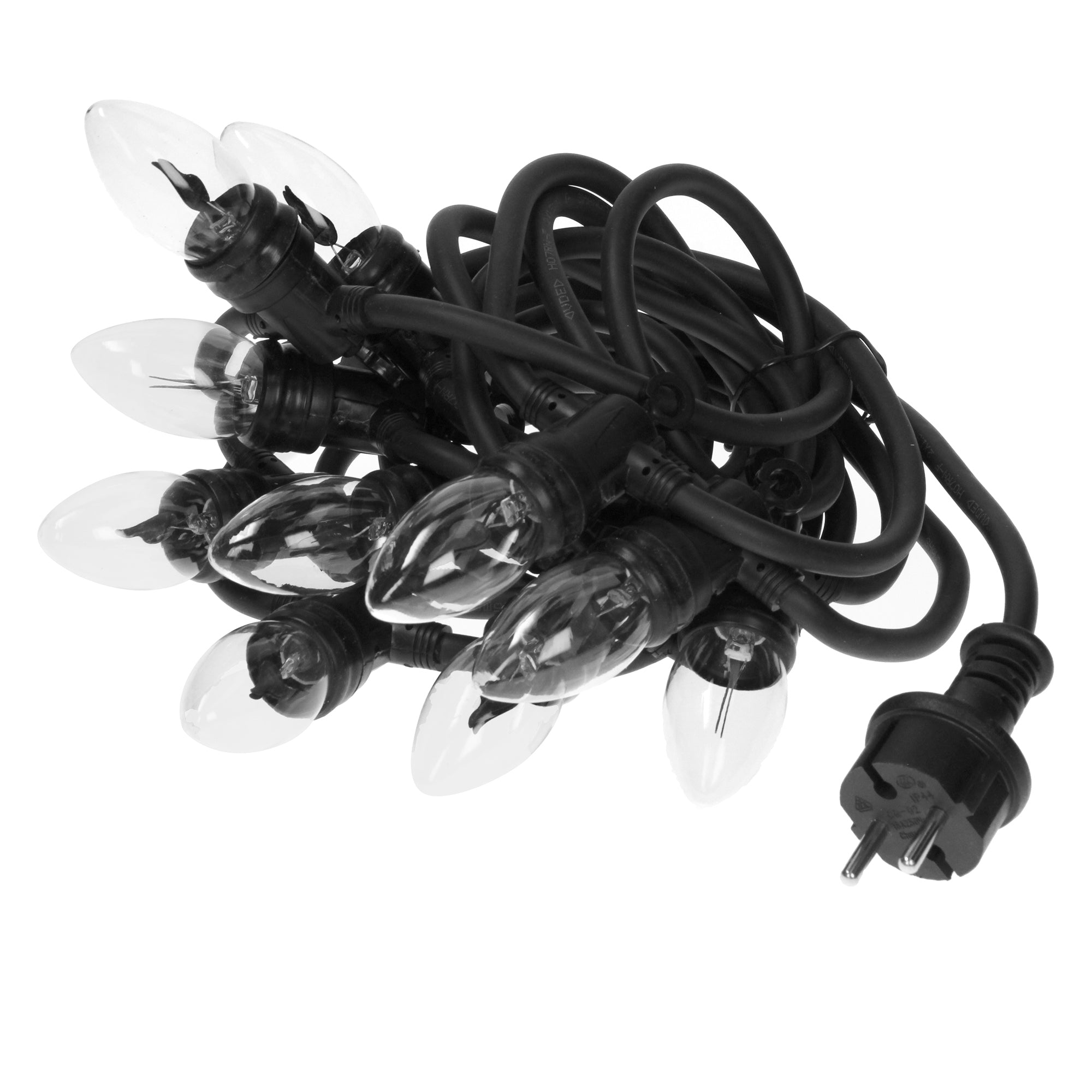 String of lights with several glass lamps, wrapped around a black cable.
