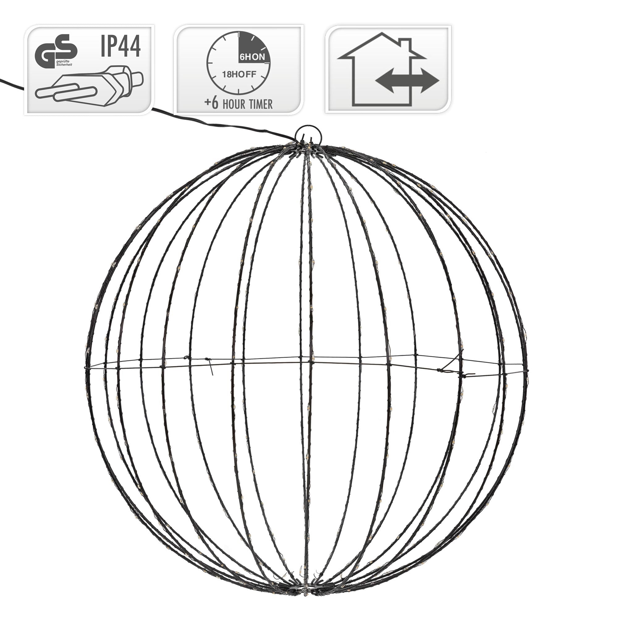 Dibujo técnico de una esfera luminosa con medidas y detalles del temporizador.
