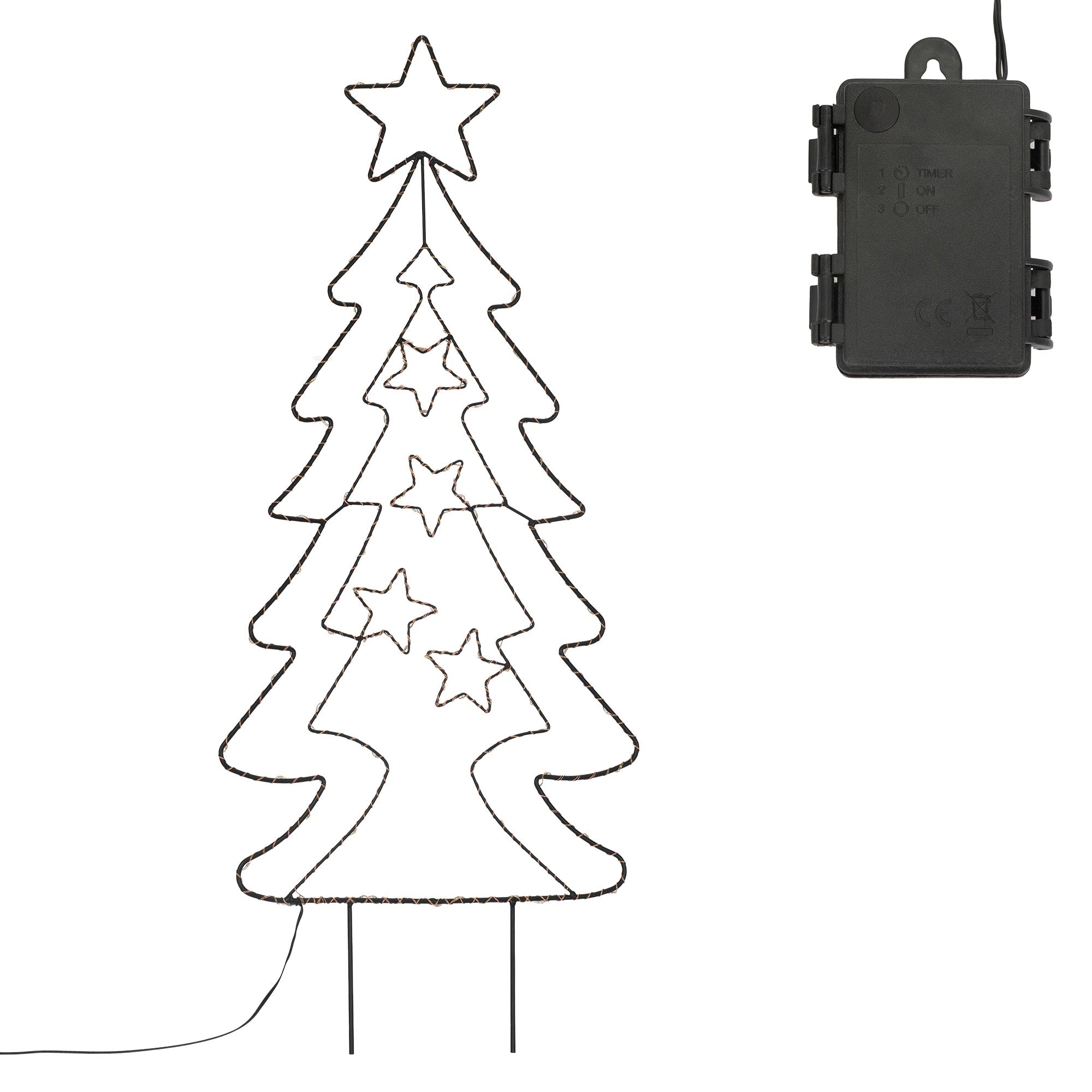 En sort juletræ lavet af tråd med stjerner og en batterienhed.
