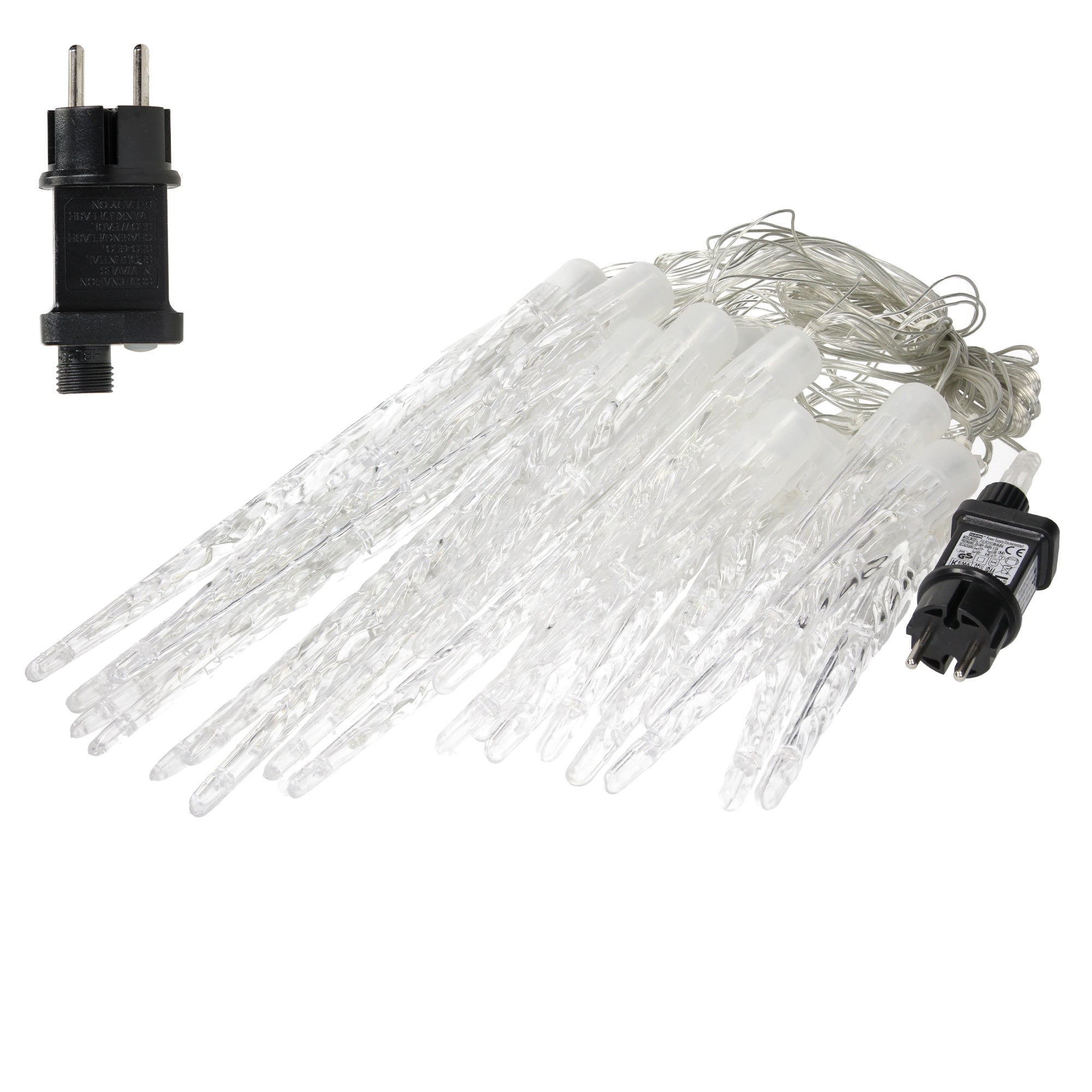 String lights with transparent lights, plug and connection visible.