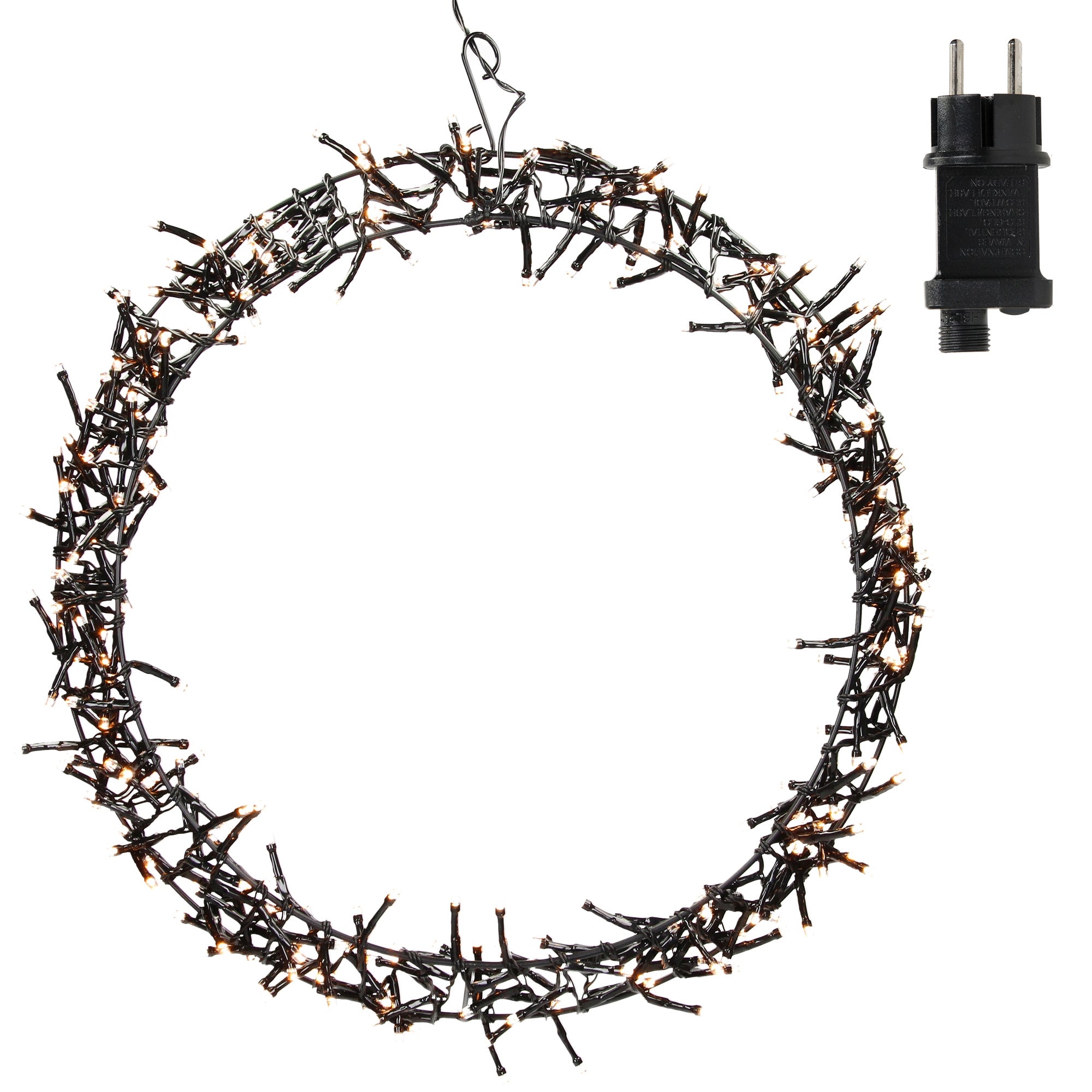 Runder Kranz aus Zweigen mit Lichtern und Stecker.