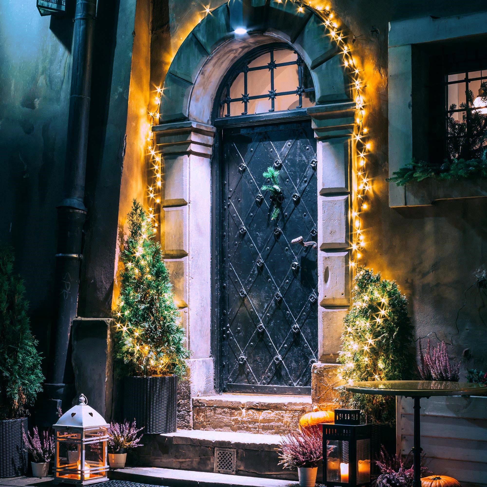 Una entrada decorada con luces y plantas.