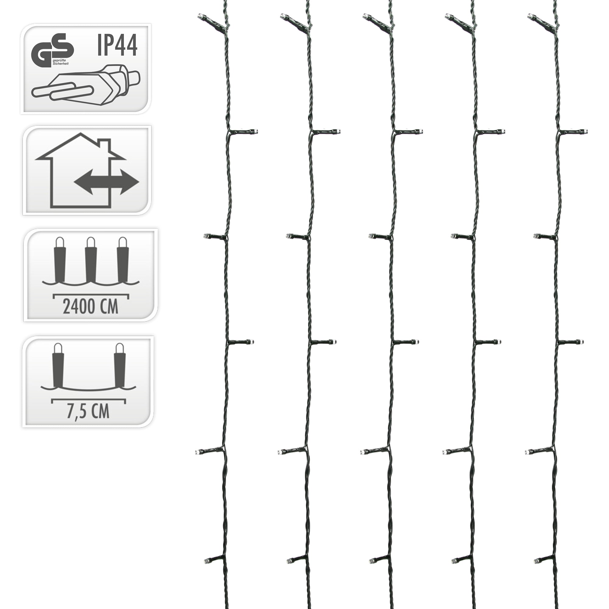 Guirnalda de luces con varias luces, sujetas a un cable negro.