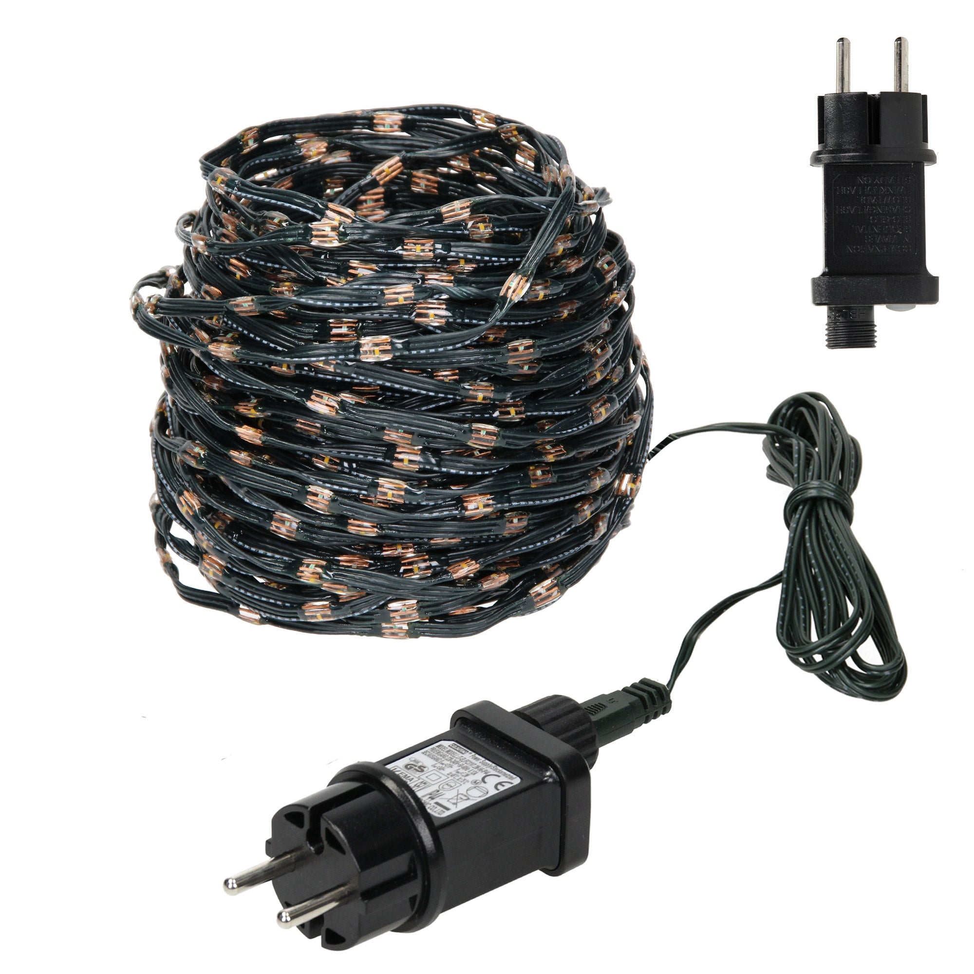 String lights rolled up with plug and adapter in the picture.