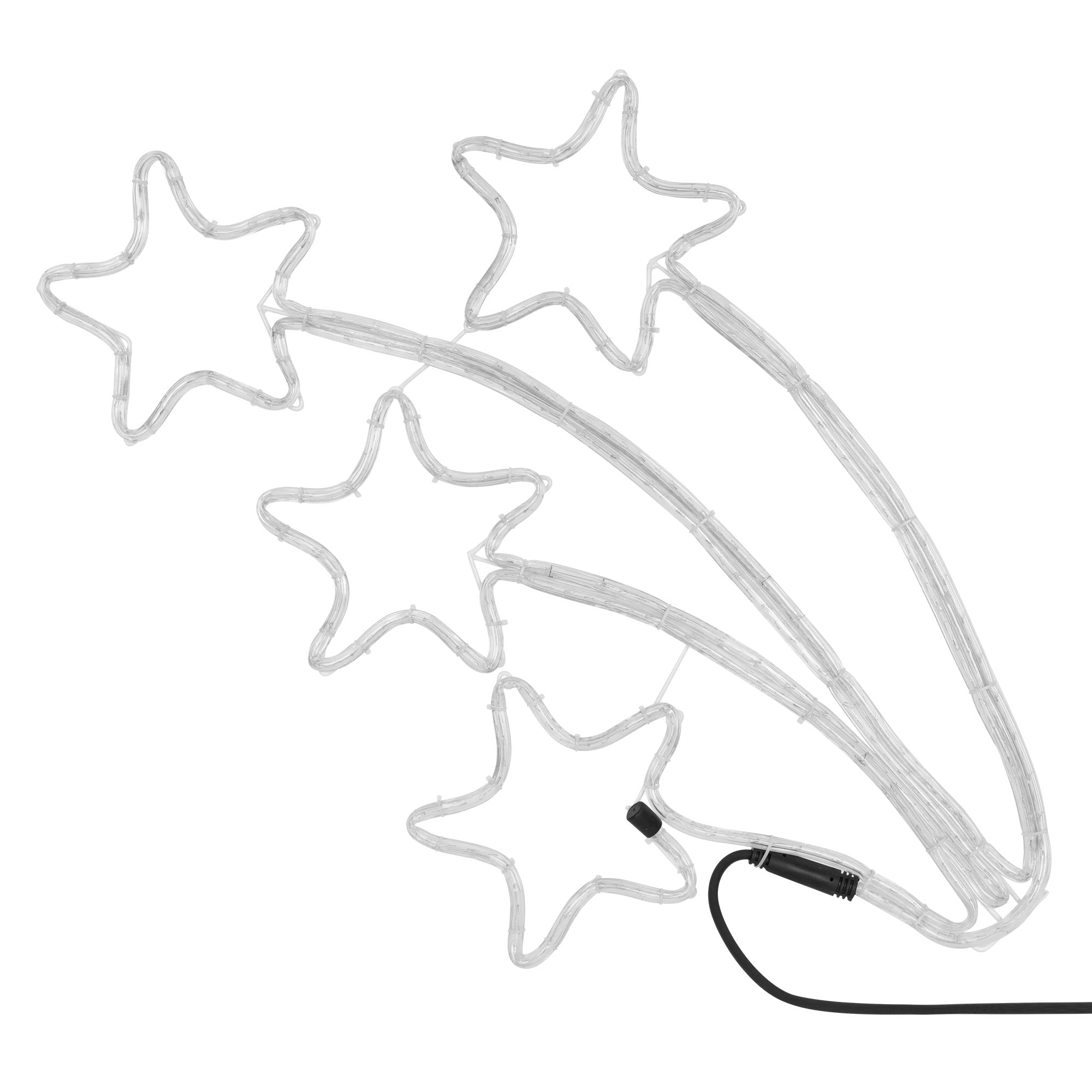 Cadena de luces transparente en forma de estrellas sobre fondo blanco.