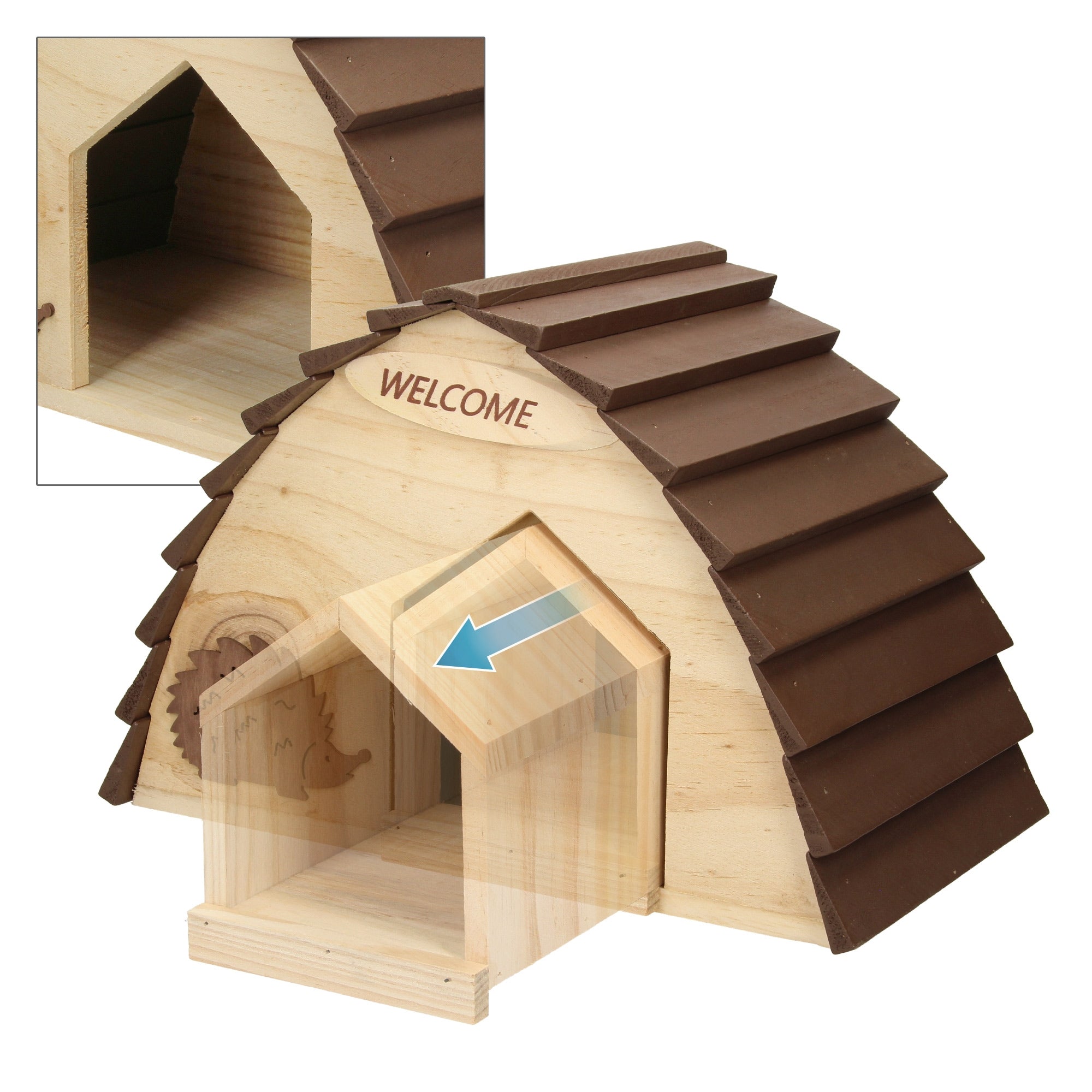Maison en bois avec une entrée et l'inscription 'WELCOME'.