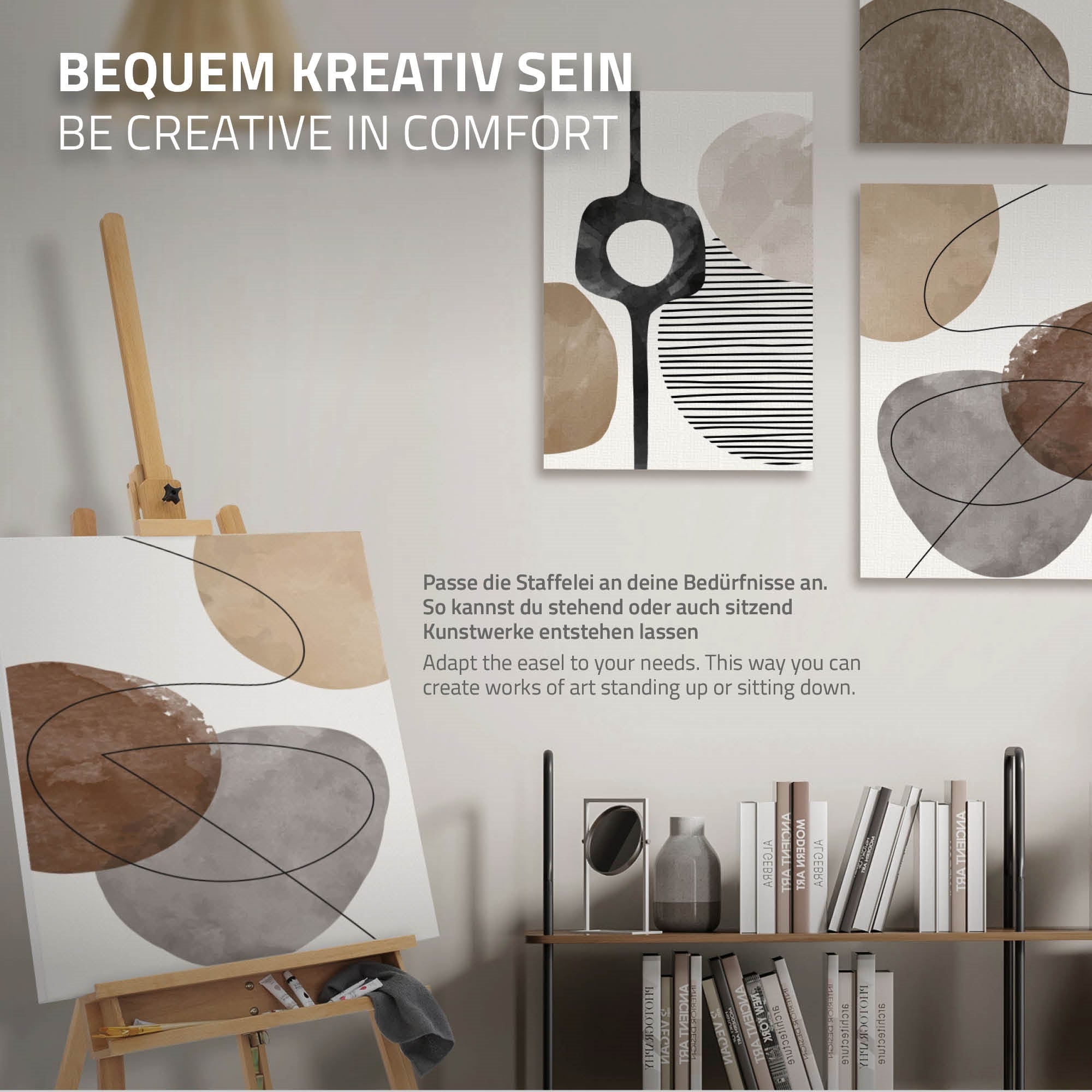 Leinwände auf einer Staffelei, moderne Kunstwerke in neutralen Farben